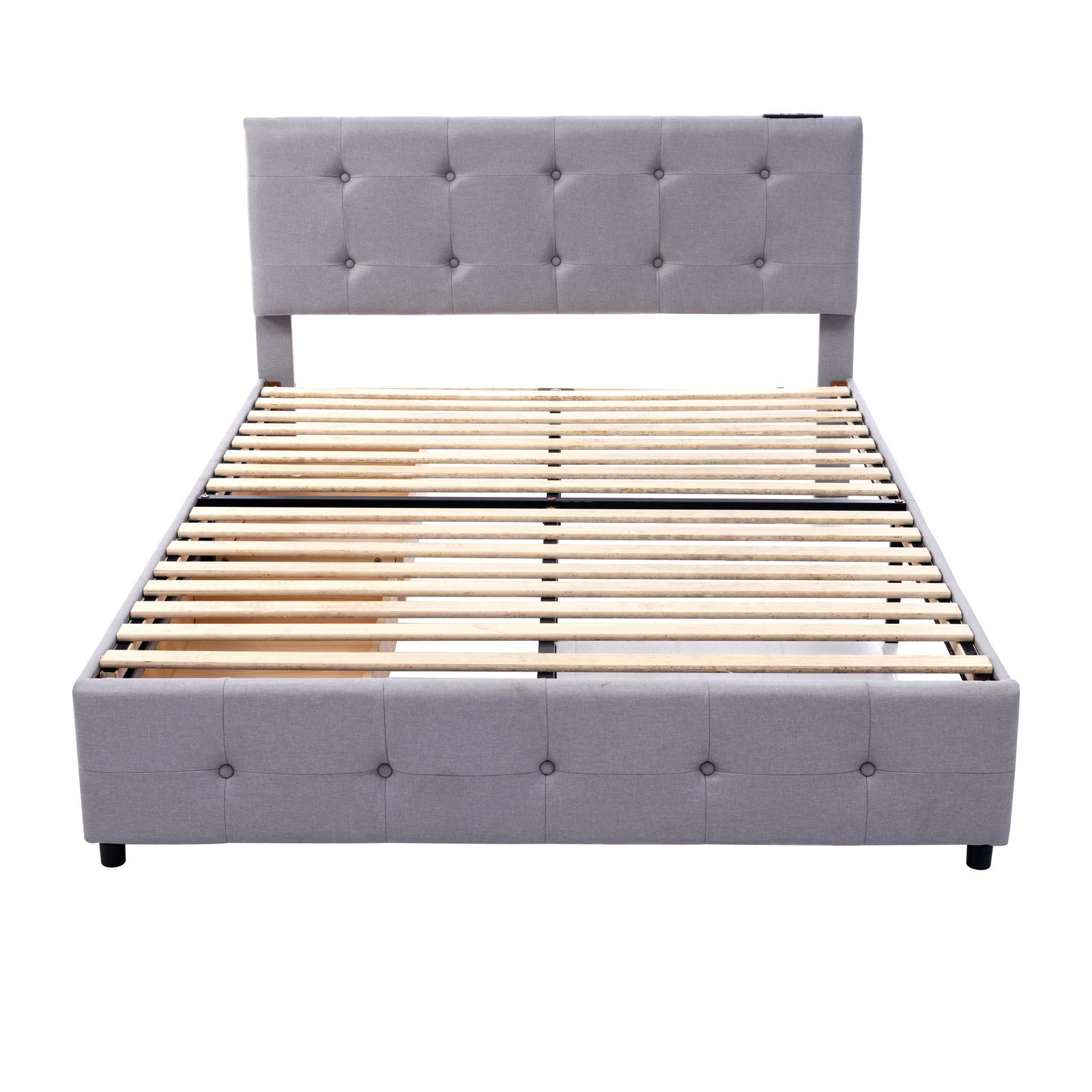 D ファブリックベッド ベッドフレームのみ ダブル 引き出し付き 布貼りベッド 木製 アイアン 大人用 組立簡単 下収納 すのこベッド 耐震 ベッド 北欧風 おしゃれ マットレスは Dダブル ライトグレー