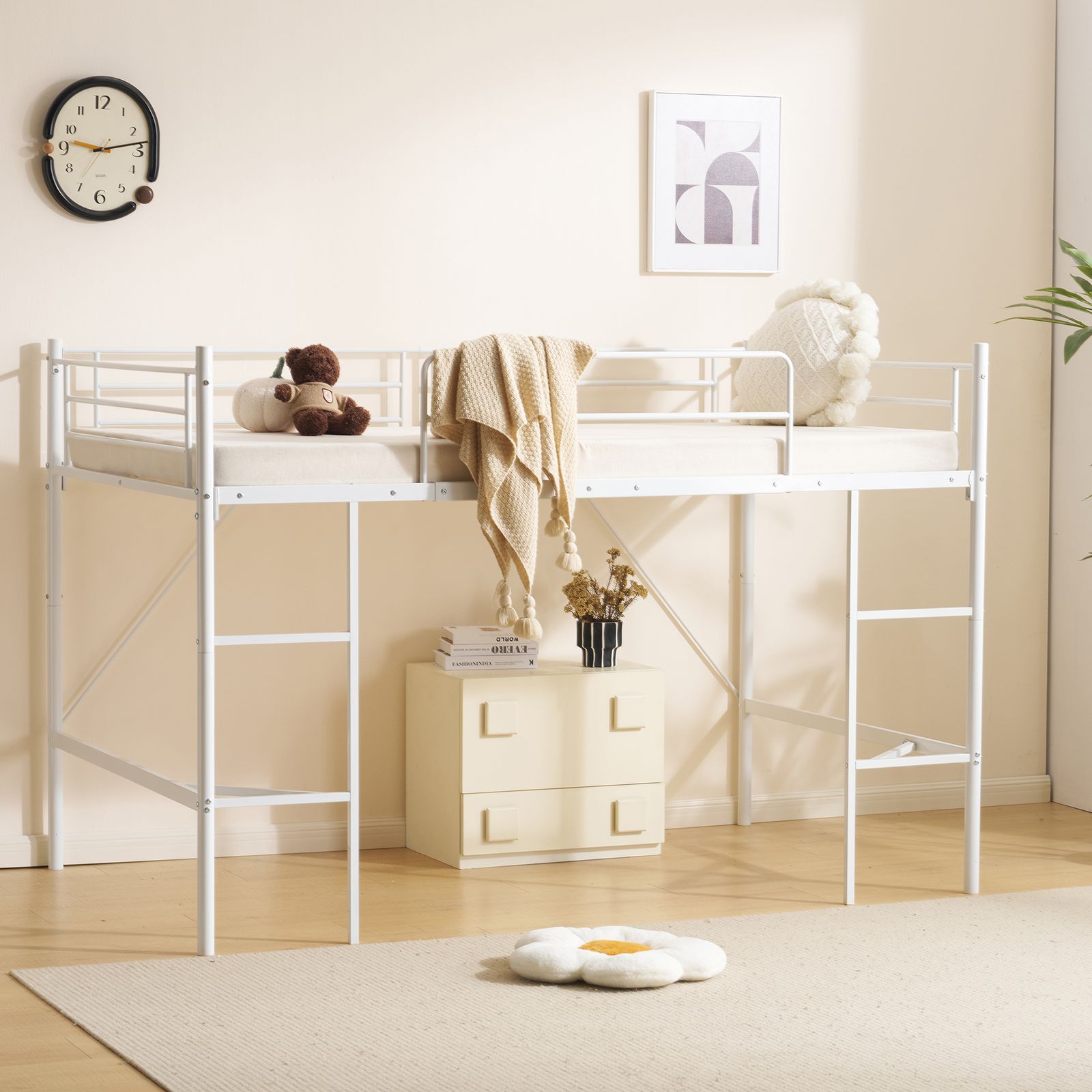 【ホワイト】 SDセミダブル ロフトベッド パイプベッド スチールベッド 収納 ホワイト SDセミダブル ロフトベッド パイプベッド ベッド デスク付 木