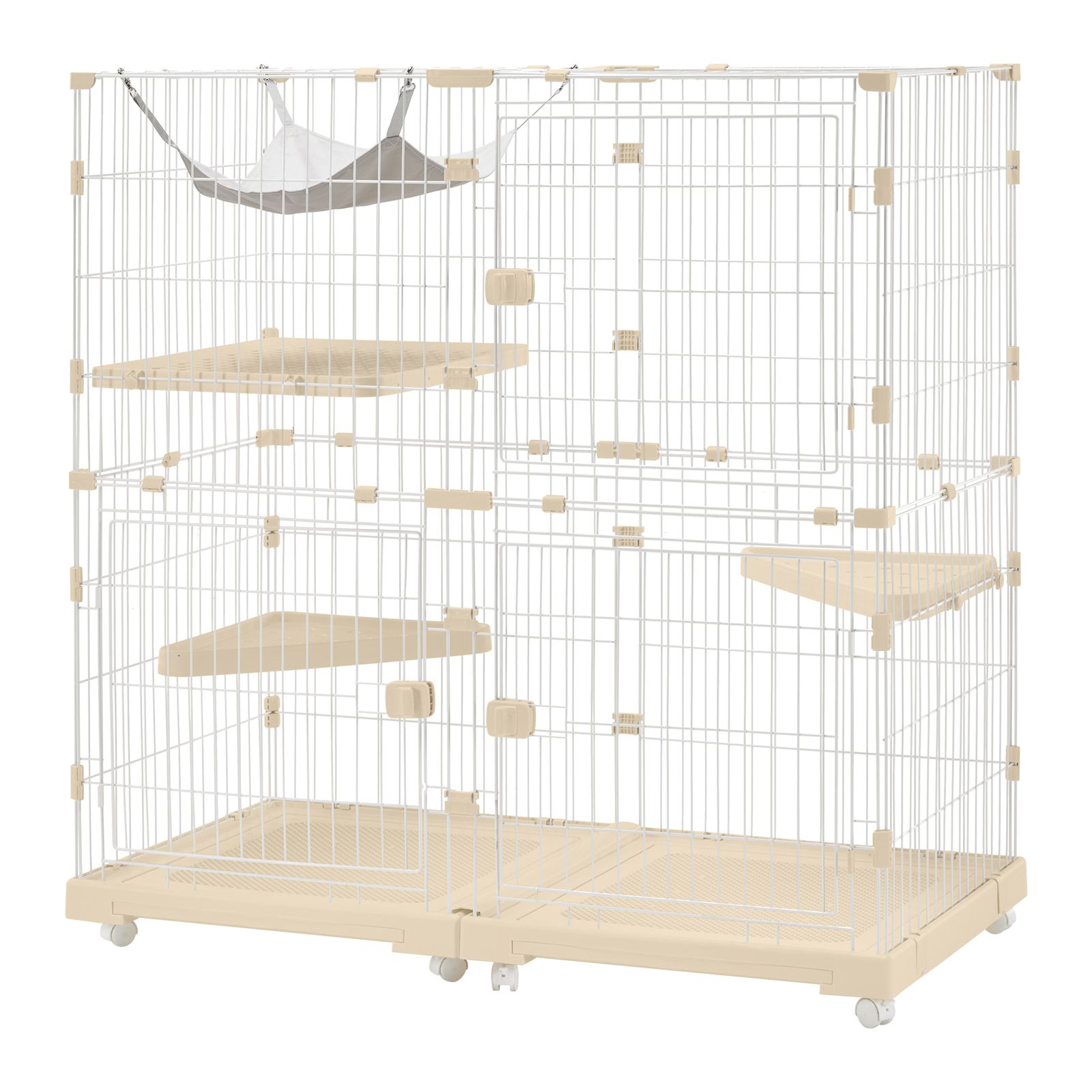 猫 ケージ キャットケージ 2段 幅広設計 自由 トレー付き 猫ドア付き ハンモック付き 大型 猫ゲージ 感 おしゃれ キャットハウス ネコ ハウス 多段 留守番 保護 脱走防止 多頭飼い ベージュ