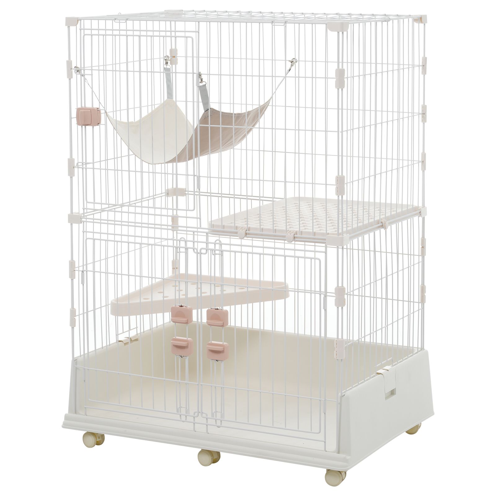 猫 ケージ キャットケージ 2段 ペットケージ キャスター付 猫ゲージ 大型 多頭飼い ネコドア キャットハウス 1段2段 留守番 保護 脱走防止 おしゃれ ピンク