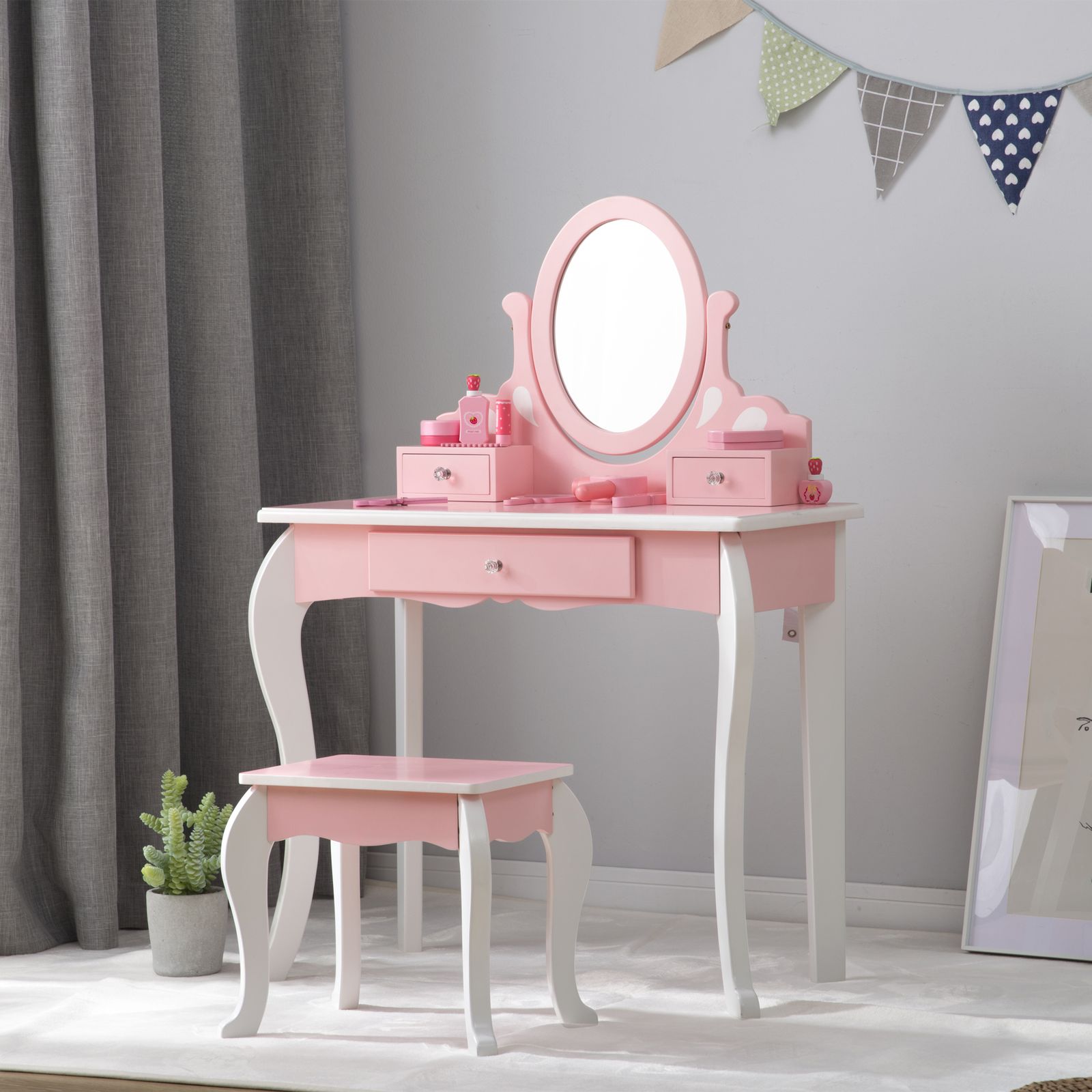 ままちゃんドレッサー・鏡台 ままごとドレッサー ドレッサー 木製 化粧台 鏡台 スツール付き