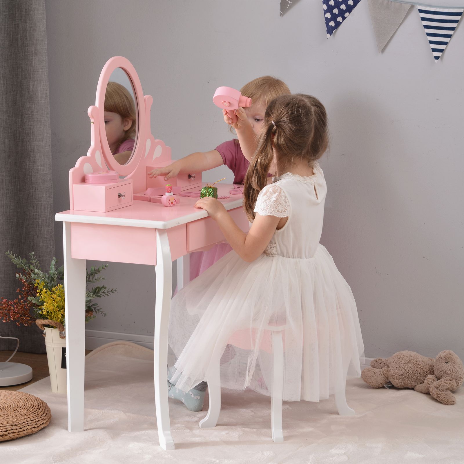 ままちゃんドレッサー・鏡台 ままごとドレッサー ドレッサー 木製 化粧台 鏡台 スツール付き