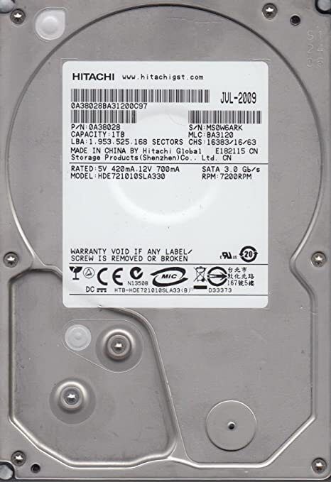 【90日保証/再生品】Hitachi HDE721010SLA330 1TB SATA 7200RPM SATA HDD 0A38028