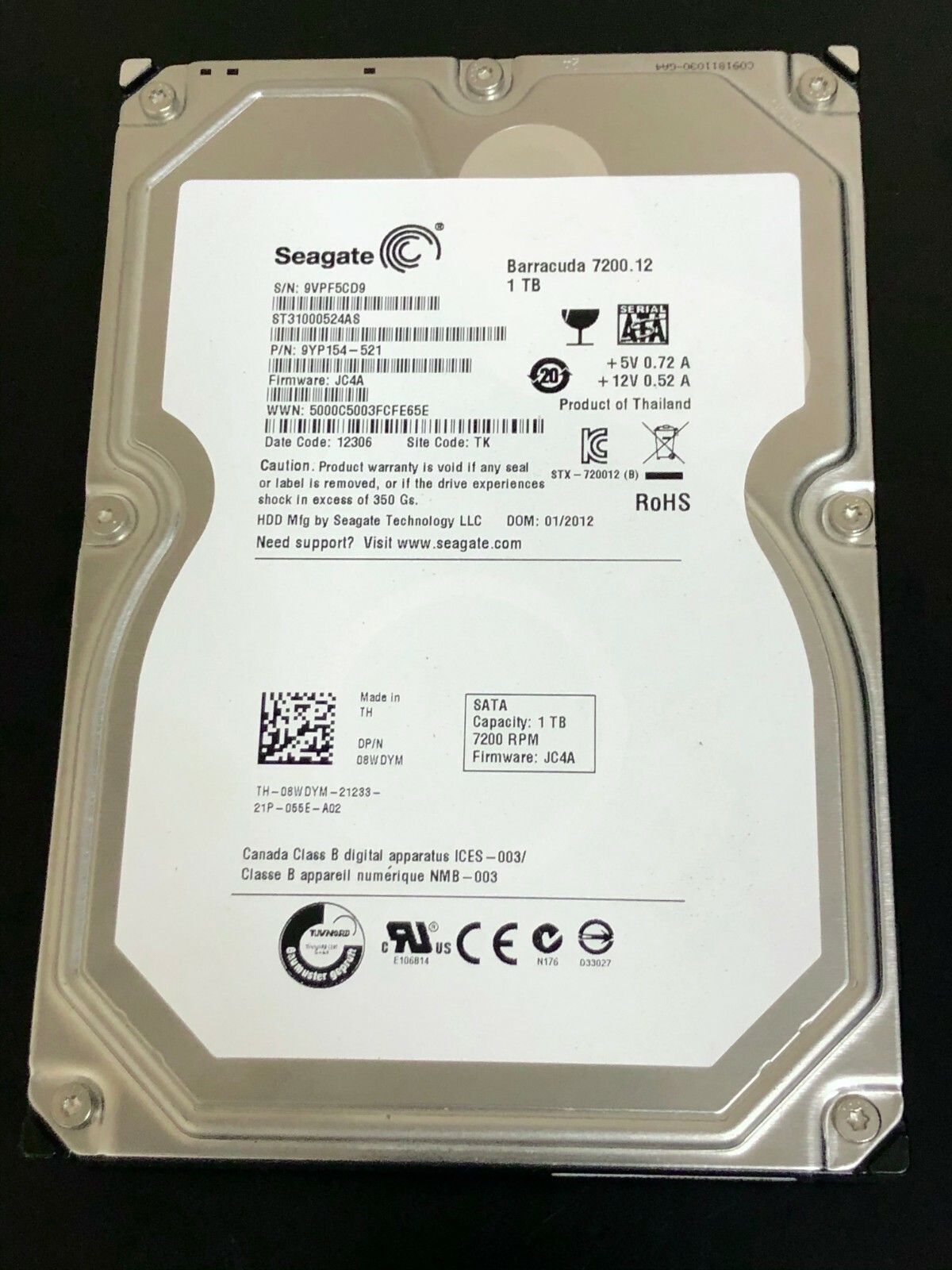 90日保証 再生品 Dell 8 WDYM 1 TB 7.2 K SATA 3.5 HDD Enterprise Server Hard Drive
