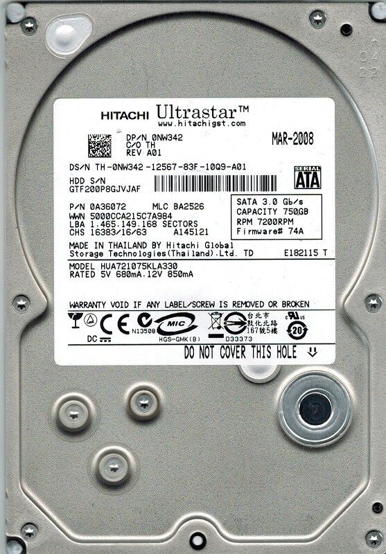 90日保証 再生品 Hitachi Dell Ultrastar 750 GB 7200 RPM SATA II 3 G 5 HDD NW 342