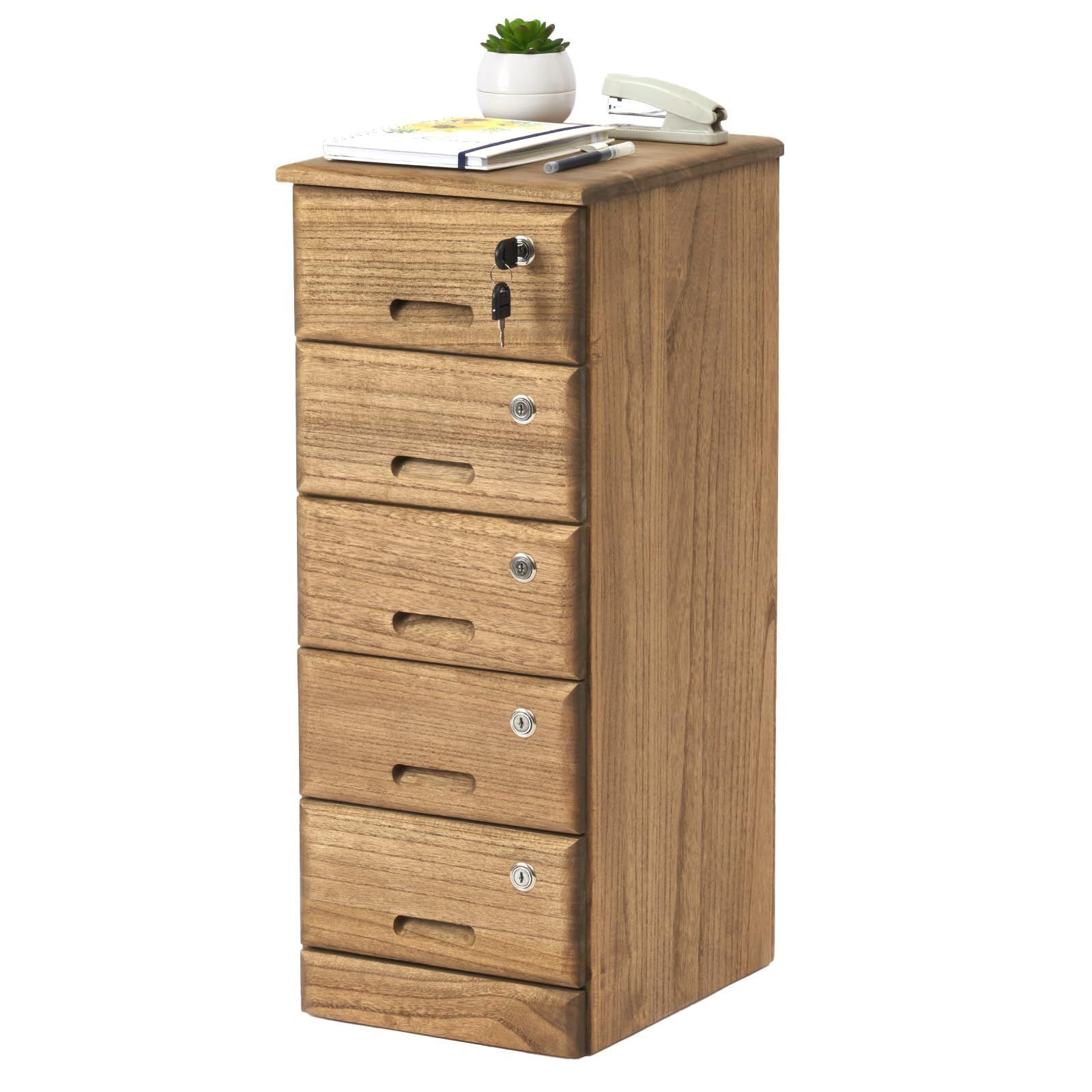 数量 KIRIGEN 天然木 キャビネット 完成品 オフィス 袖机 5段 チェスト デスクワゴン 全段鍵付 キャスター付き A 4対応 植物オイル塗装仕上げ ブラウン