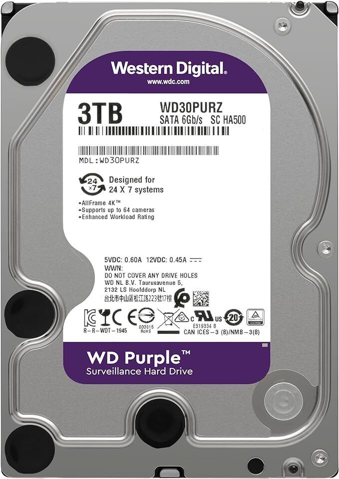 1年保証 再生品 WD Purple 3 TB Internal Hard Drive 64 MB 5400 RPM Surveillance HDD 5