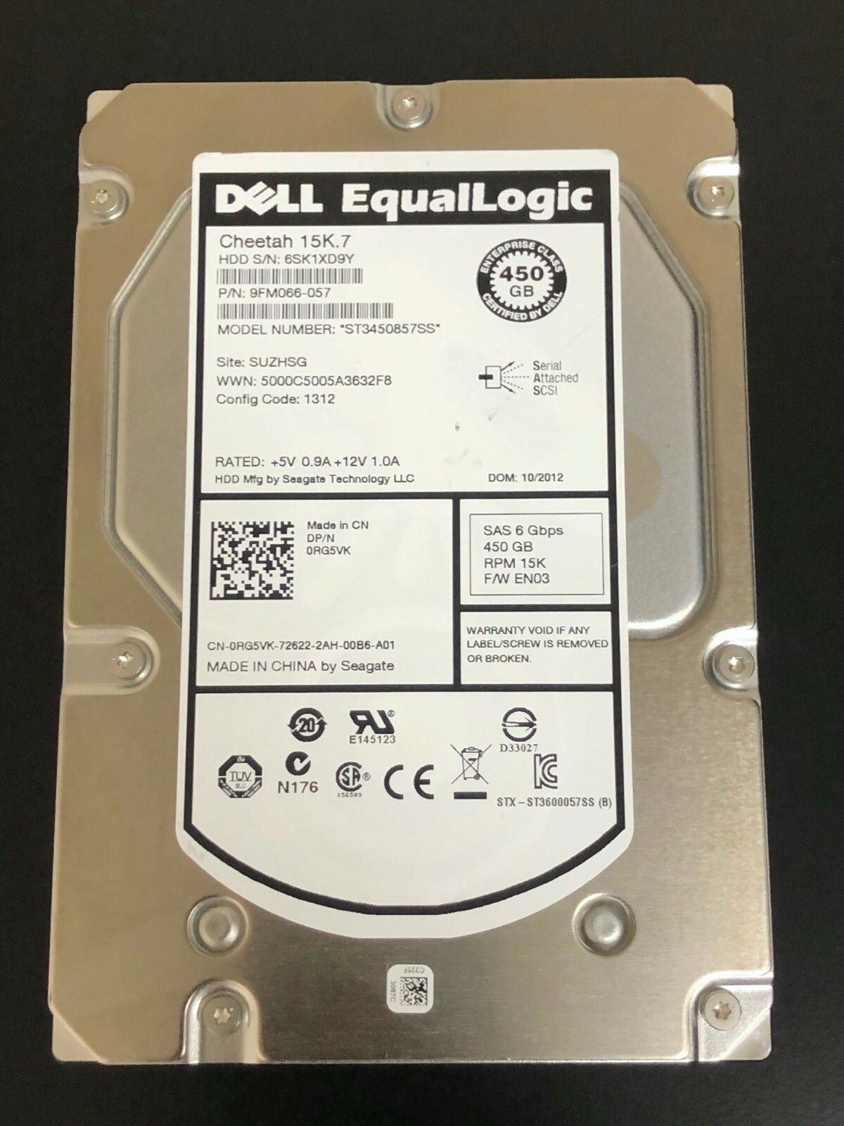 1年保証 再生品 Dell 450 GB 6 G 15 K 3 5 SAS 0 RG VK HDD Hard Drive