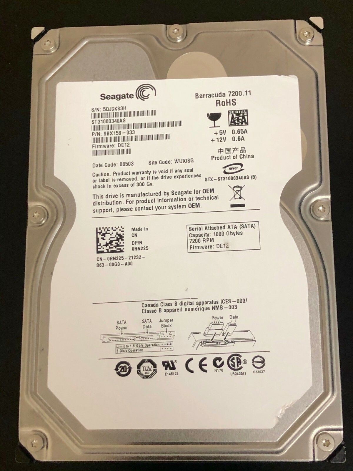 1年保証 再生品 Dell RN 225 1 TB 7 2 K 3 Gbps SATA 5 HDD 0