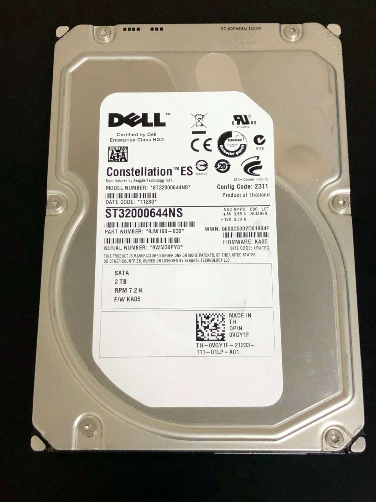 1年保証 再生品 Dell 2 TB 7.2 K 3.5 SATA VGY 1 F 0 Hard Drive