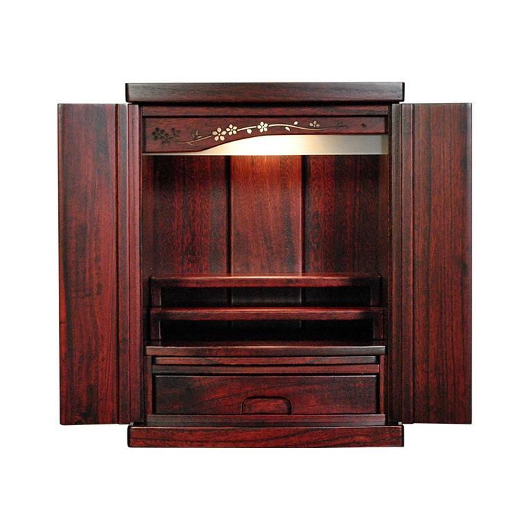 本格三段式 LED照明付き 桜欄間 曇りガラス 桐材 ミニ仏壇 新未来16号 紫檀色