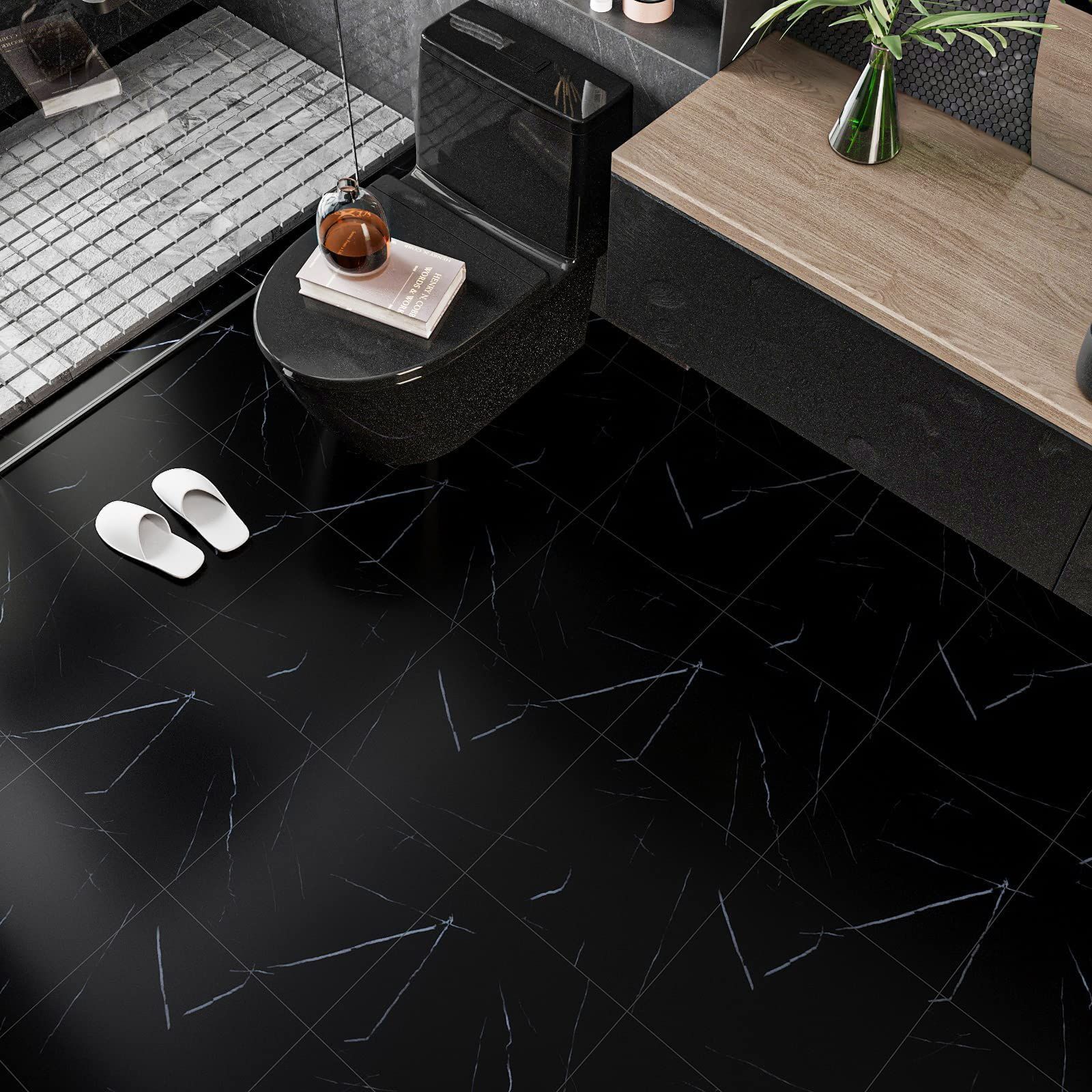 数量 VEELIKEフロアシート フローリングシート フロアタイル 大理石 リメイクシート 黒 30 cm×30 cm 入り 床タイル フローリング 床材 補修 はがせる 接着剤不要 置くだけ 模様替え リフォーム 厚手 防水 防汚 滑り防止 玄関 キ 床材 内装
