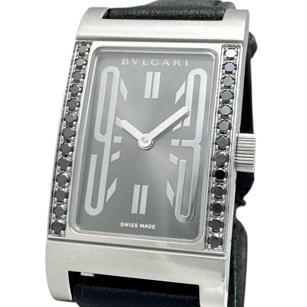 BVLGARI ブルガリ RT 39 S レッタンゴロ 腕時計 ステンレススチール レザー ダイヤモンド ブラック クオーツ グレー文字盤 ブラックレザー社外ベルト レディース GD