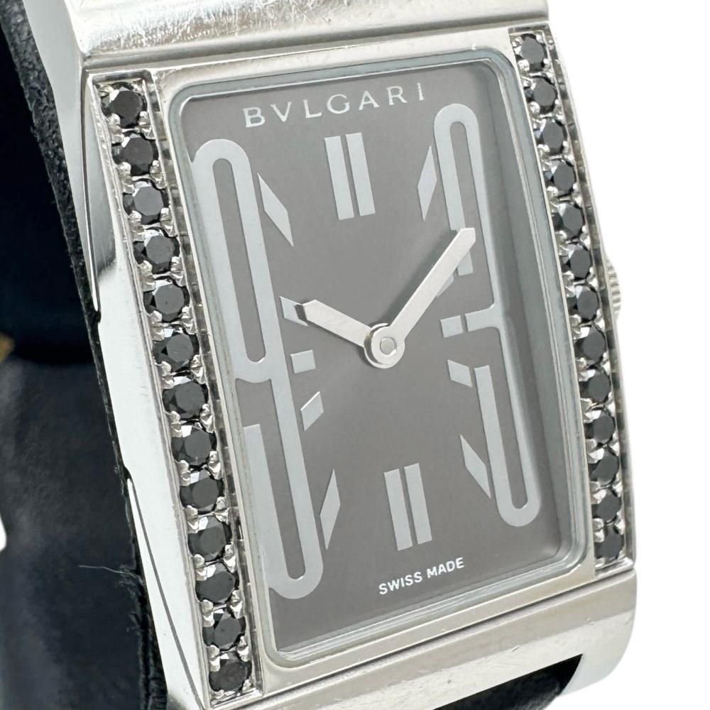 BVLGARI ブルガリ RT 39 S レッタンゴロ 腕時計 ステンレススチール レザー ダイヤモンド ブラック クオーツ グレー文字盤 ブラックレザー社外ベルト レディース GD