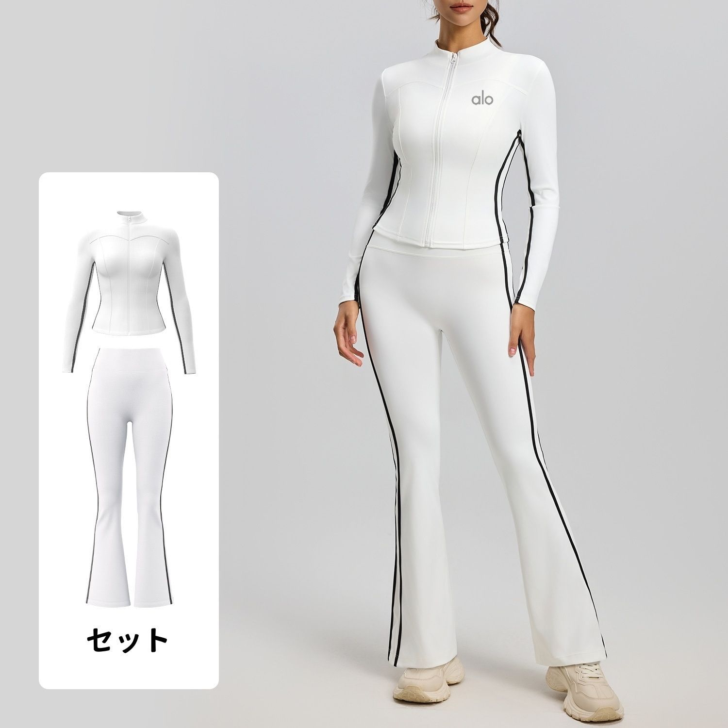 Alo yoga 清潔感レディースセット トレーニング カジュアル兼用 ブラックラインデザイン