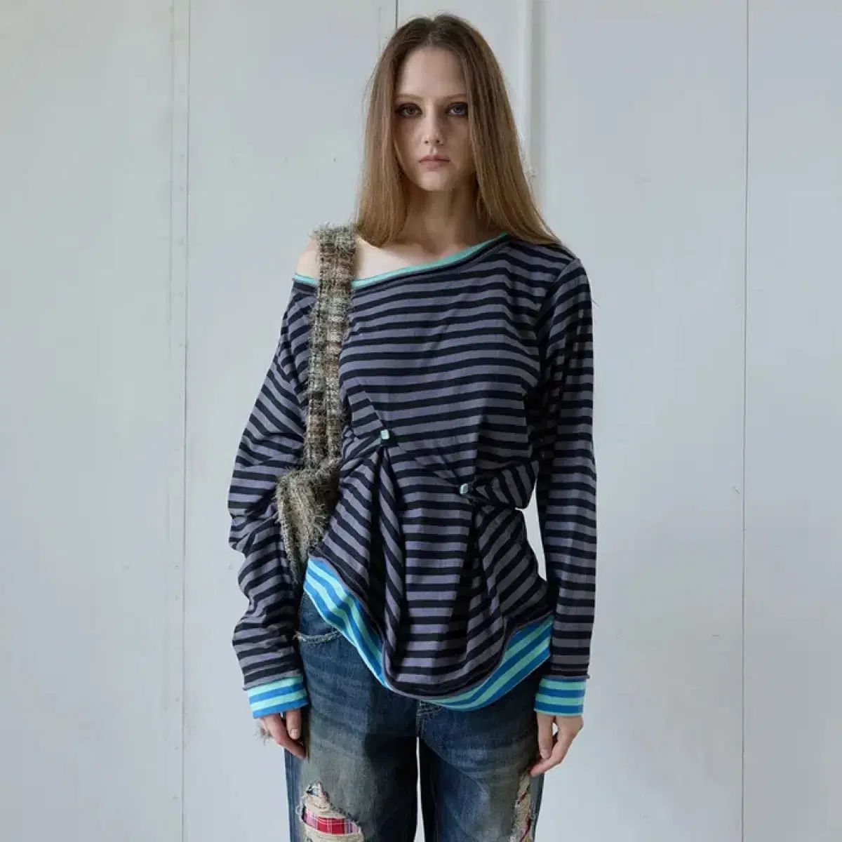 HERETIC ボタン ストライプ ローエッジ Tシャツ ブラック