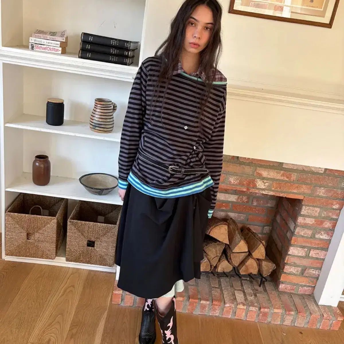 HERETIC ボタン ストライプ ローエッジ Tシャツ ブラック