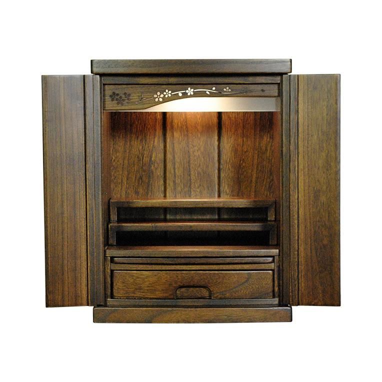 本格三段式 LED照明付き 桜欄間 曇りガラス 桐材 ミニ仏壇 新未来16号 ウォールナット色