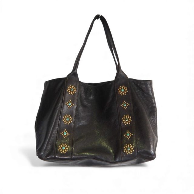 HTC FLOWER STUDS LEATHER TOTE BAG DARK BROWN エイチティーシー フラワー スタッズ レザー トート バッグ 鞄
