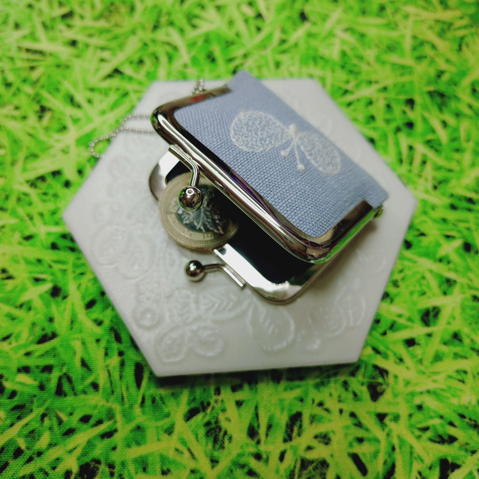 ミナペルホネン✨choucho ちょうちょ ブルーグレー✨がま口 コイン