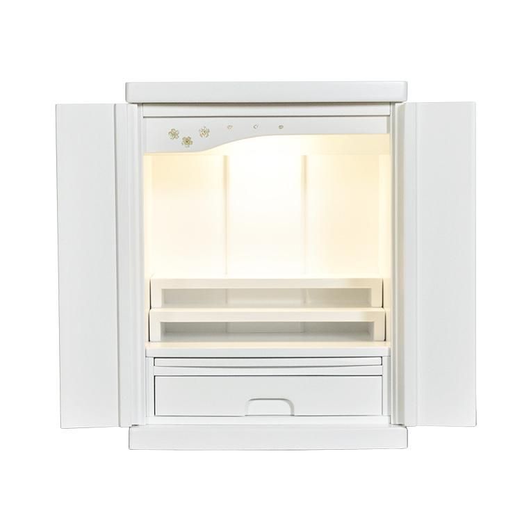 本格三段式 LED照明付き 桜欄間 曇りガラス 桐材 ミニ仏壇 新未来16号 白 ホワイト