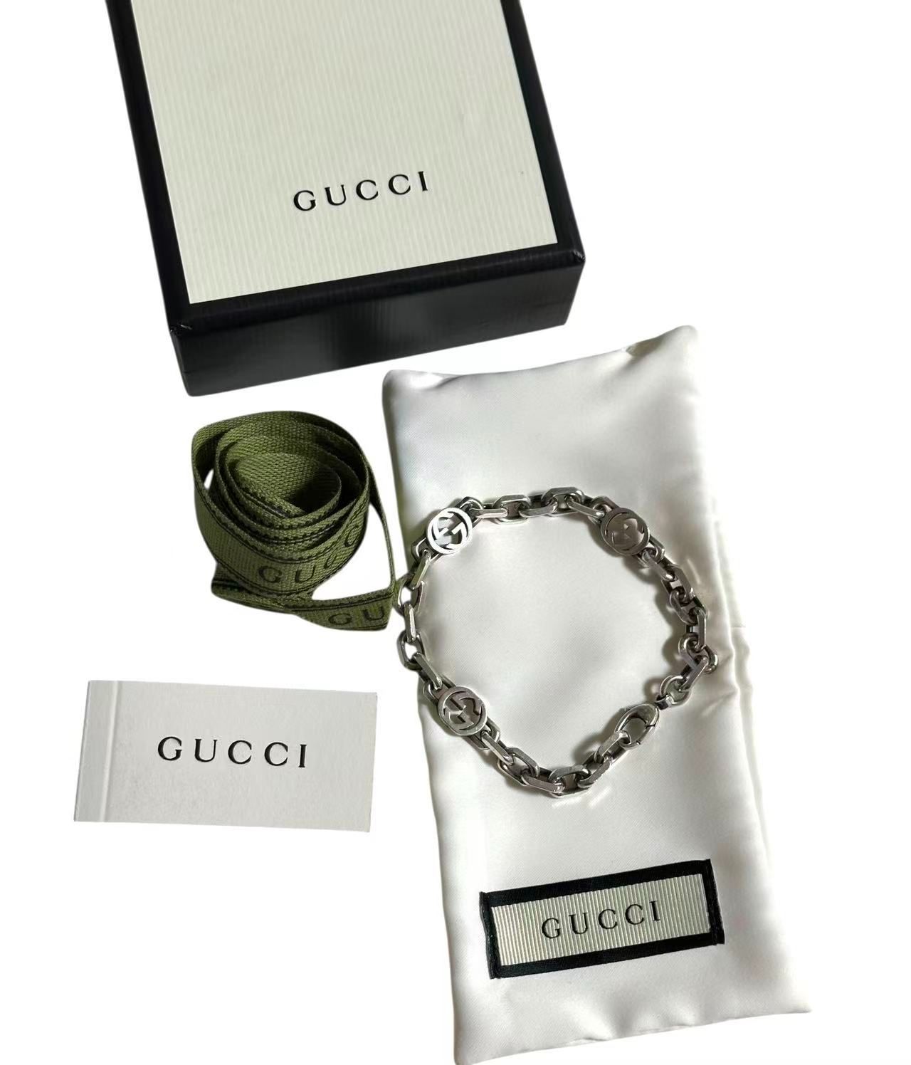 超 グッチGUCCIインターロッキングチェーンSVブレスレットバングル GGロゴSV 925 18腕輪ユニセックス刻印あり男女兼用