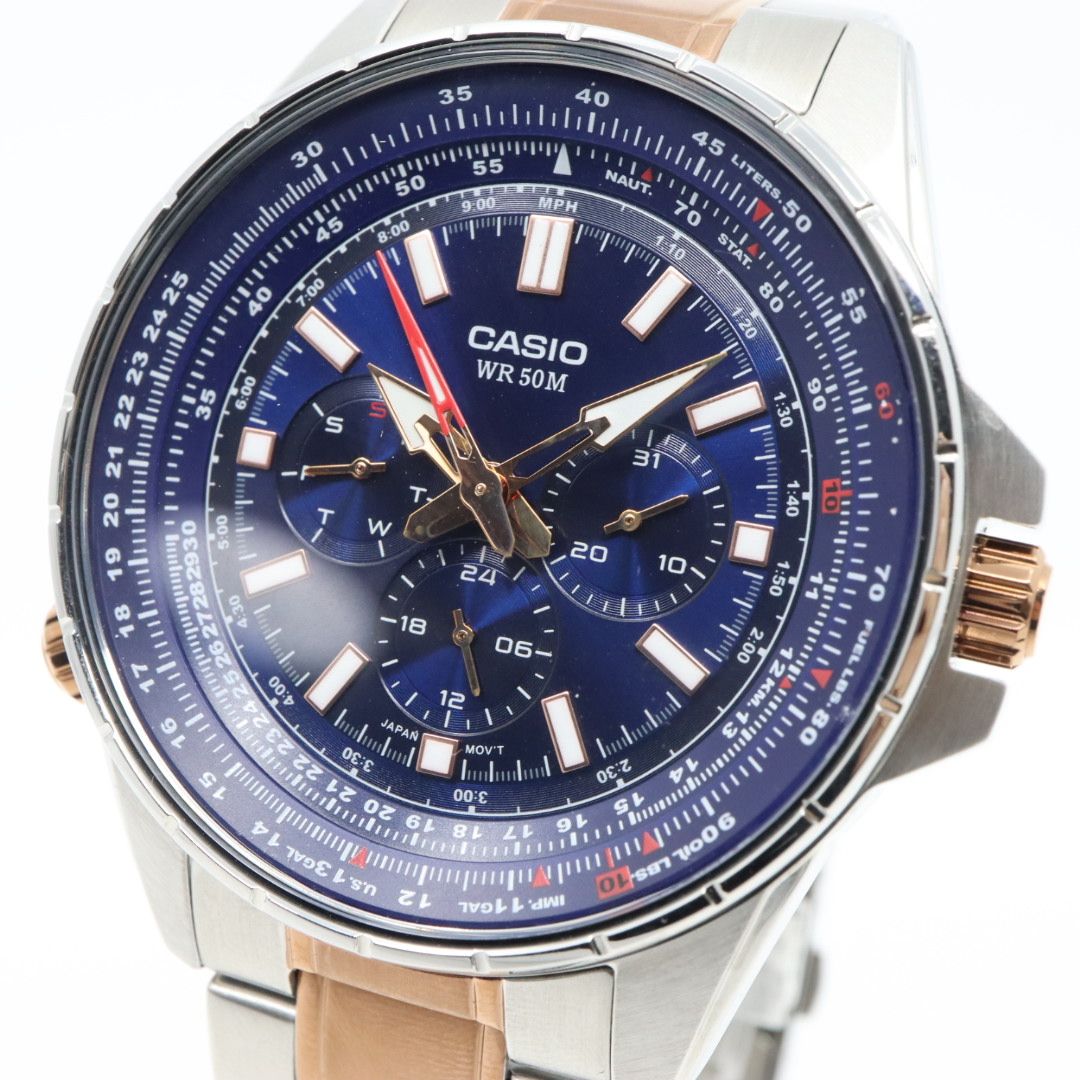 級 稼働品 カシオ CASIO MTP SW 320 スイープセコンド メンズ クォーツ アナログ シルバー ピンクゴールド コンビ ネイビー文字盤 マルチファンクション デイデイト 24時間計 ビッグフェイス 海外モデル 逆輸入 G 8