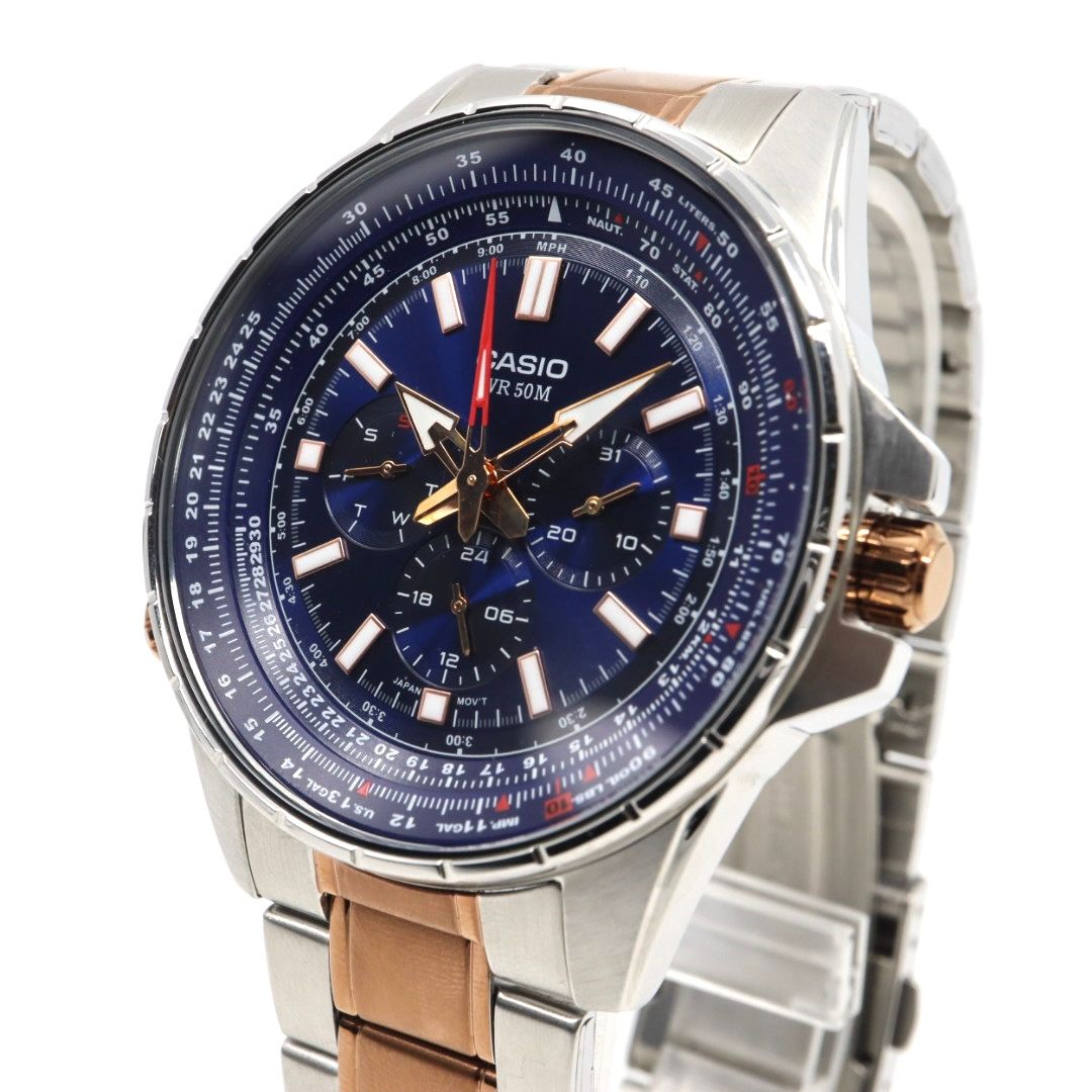 級 稼働品 カシオ CASIO MTP-SW 320 スイープセコンド メンズ クォーツ アナログ シルバー ピンクゴールド コンビ ネイビー文字盤 マルチファンクション デイデイト 24時間計 ビッグフェイス 海外モデル 逆輸入 G 8