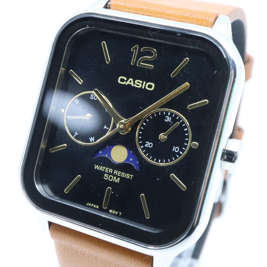 級 稼働品 カシオ CASIO MTP-M 305 ムーンフェイズ 腕時計 メンズ ユニセックス クォーツ アナログ スクエア 角型 シルバー ブラック文字盤 ブラウンレザー 海外モデル 逆輸入 クラシック レトロ G 8