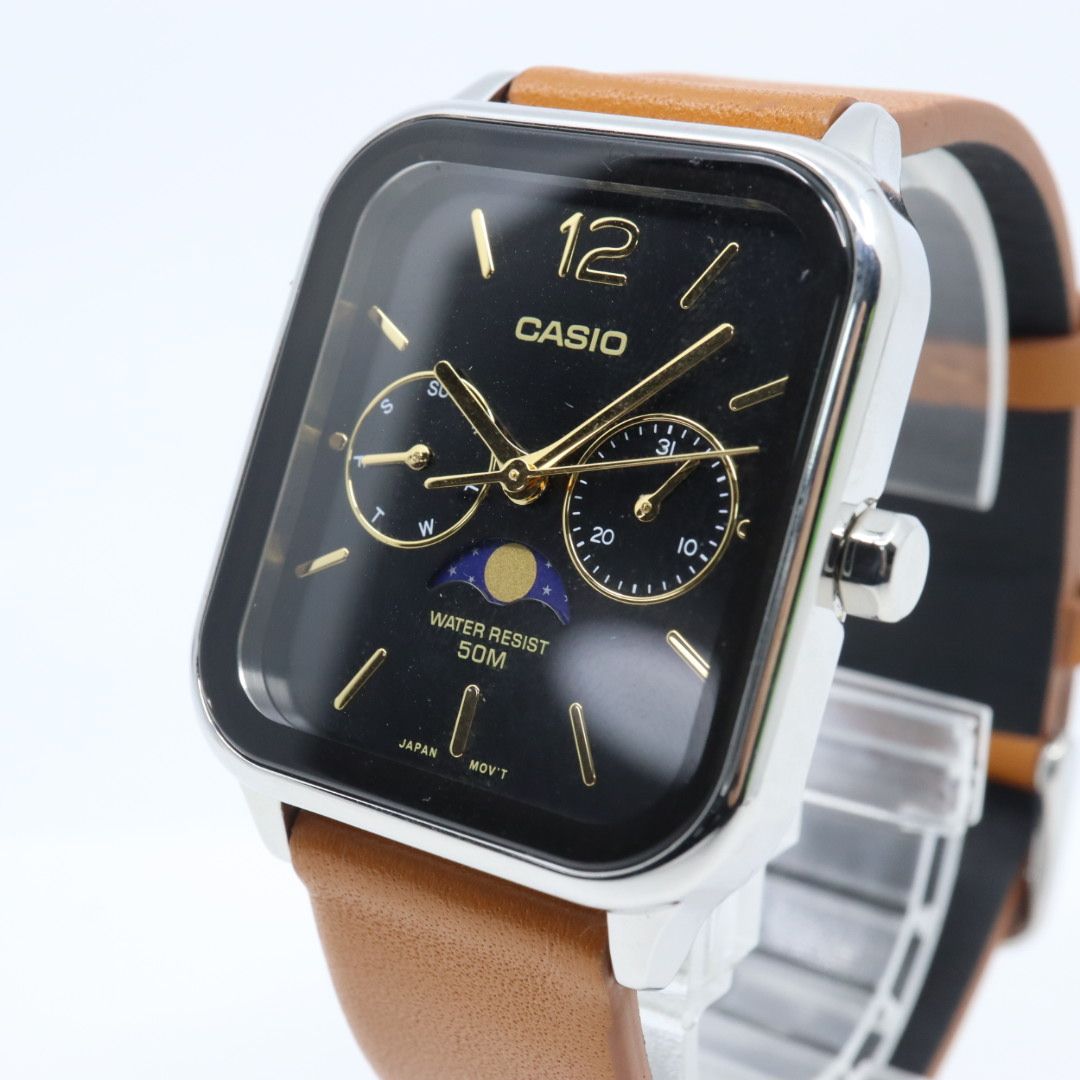 級 稼働品 カシオ CASIO MTP-M 305 ムーンフェイズ 腕時計 メンズ ユニセックス クォーツ アナログ スクエア 角型 シルバー ブラック文字盤 ブラウンレザー 海外モデル 逆輸入 クラシック レトロ G 8