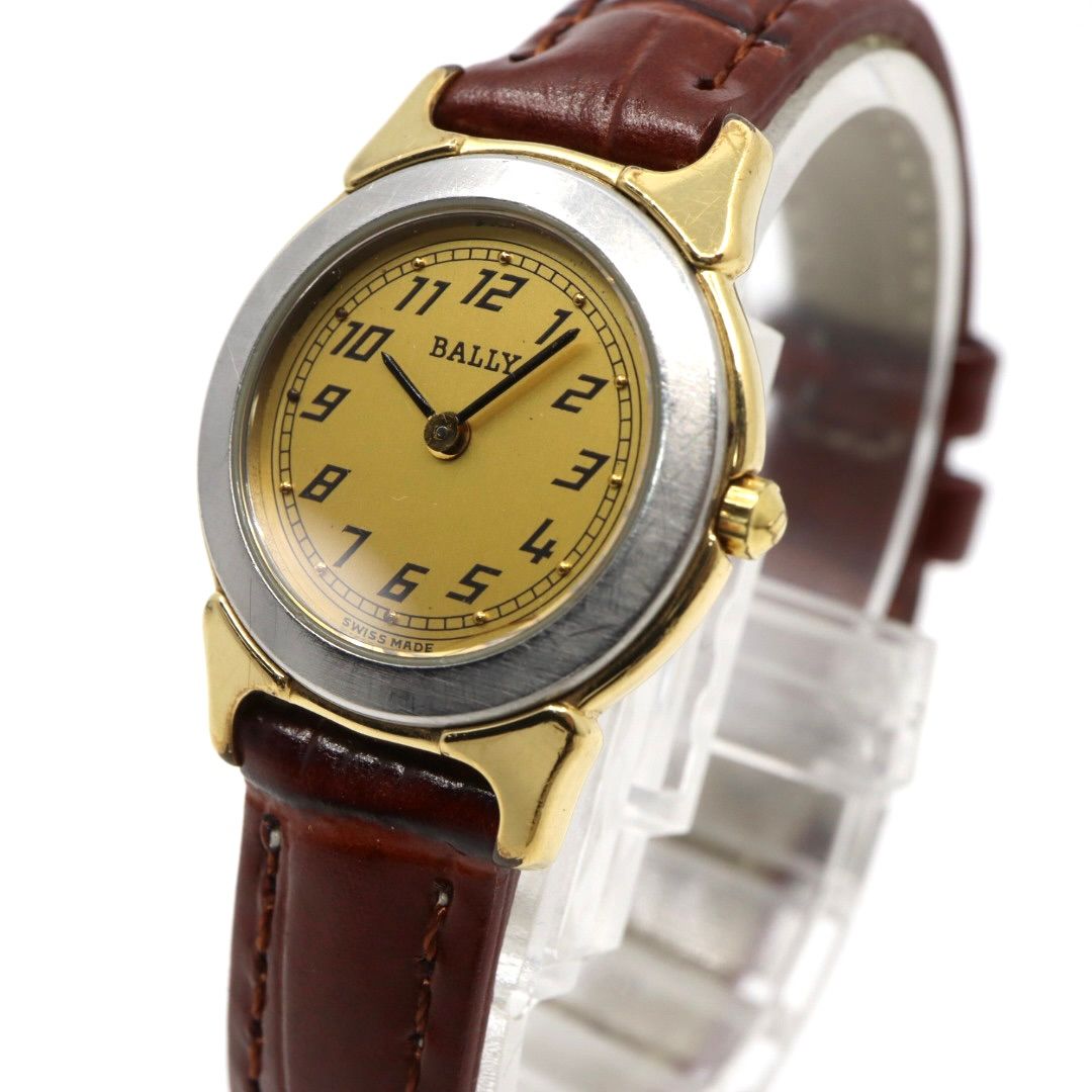 電池交換済 バリー BALLY 13.01 腕時計 レディース クオーツ アナログ ラウンド コンビ シルバー ゴールド ブラウンレザー 革ベルト アラビア数字 スイス製 ビンテージ クラシック 上品 G 7