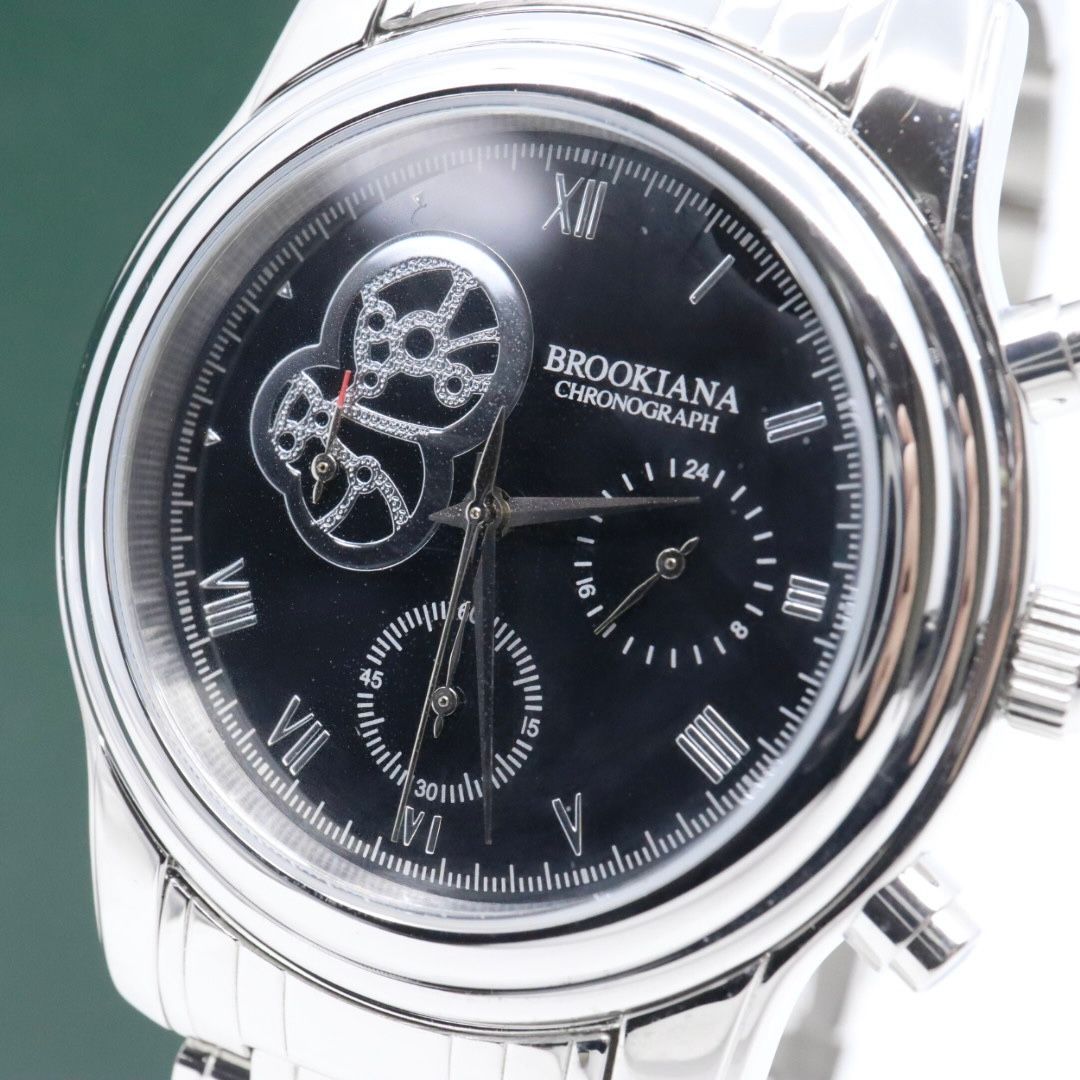 電池交換済 ブルッキアーナ クロノグラフ BA 1617 メンズ 腕時計 クォーツ アナログ デイト シルバー ブラック 黒文字盤 青石リューズ カボション ビッグフェイス ステンレス 3針 男性用 ビジネス カジュアル G