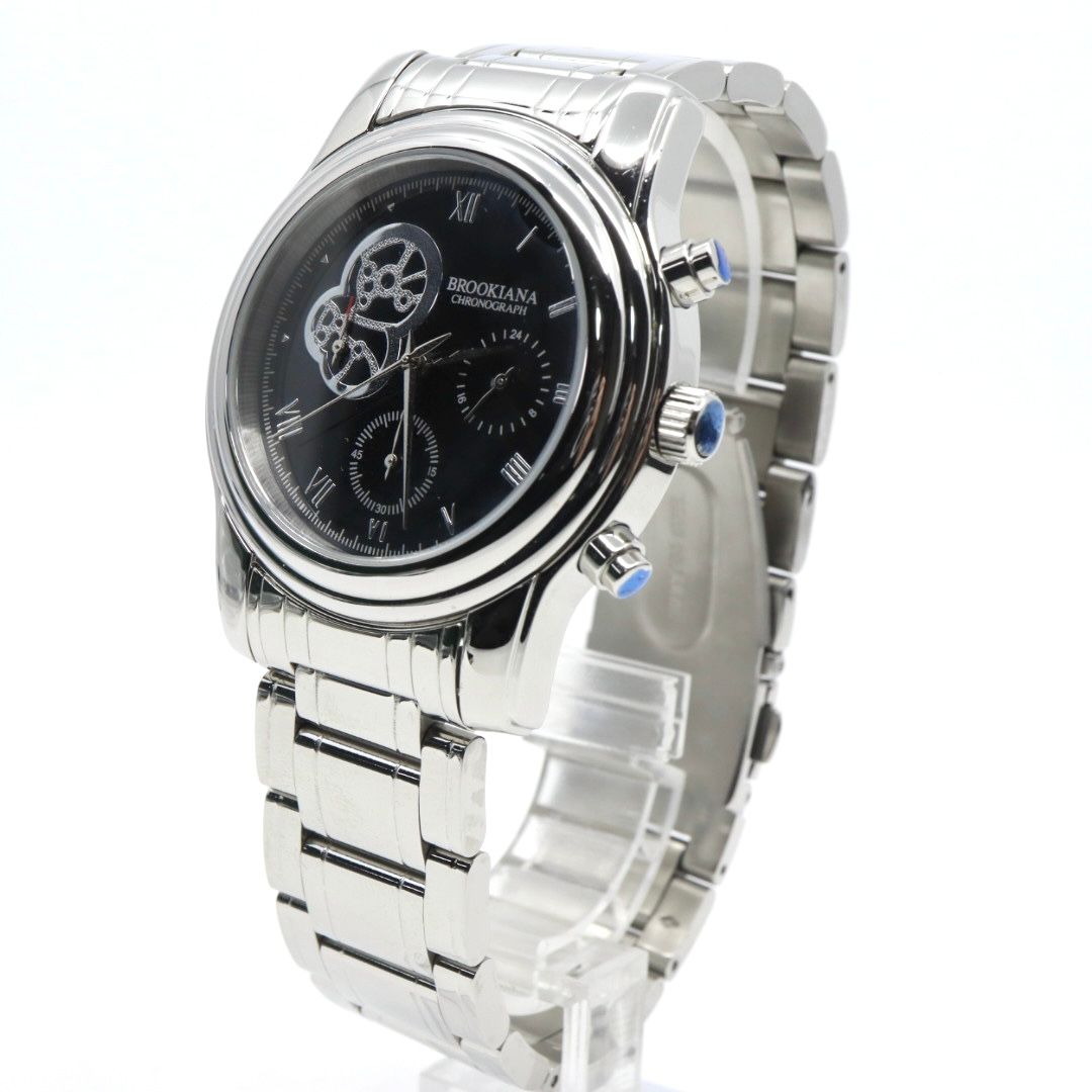 電池交換済 ブルッキアーナ クロノグラフ BA 1617 メンズ 腕時計 クォーツ アナログ デイト シルバー ブラック 黒文字盤 青石リューズ カボション ビッグフェイス ステンレス 3針 男性用 ビジネス カジュアル G