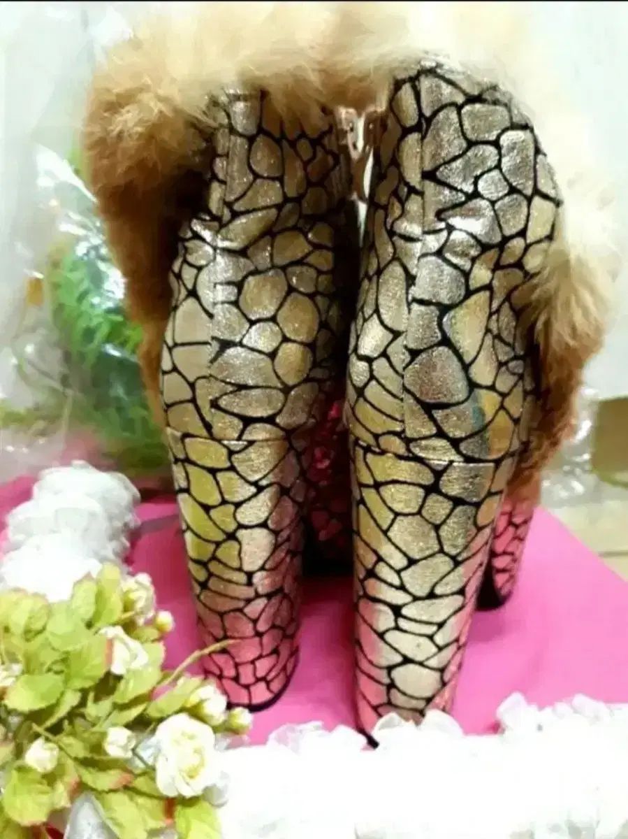 金箔 ファー プラットフォーム 厚底ブーツ ヒール靴