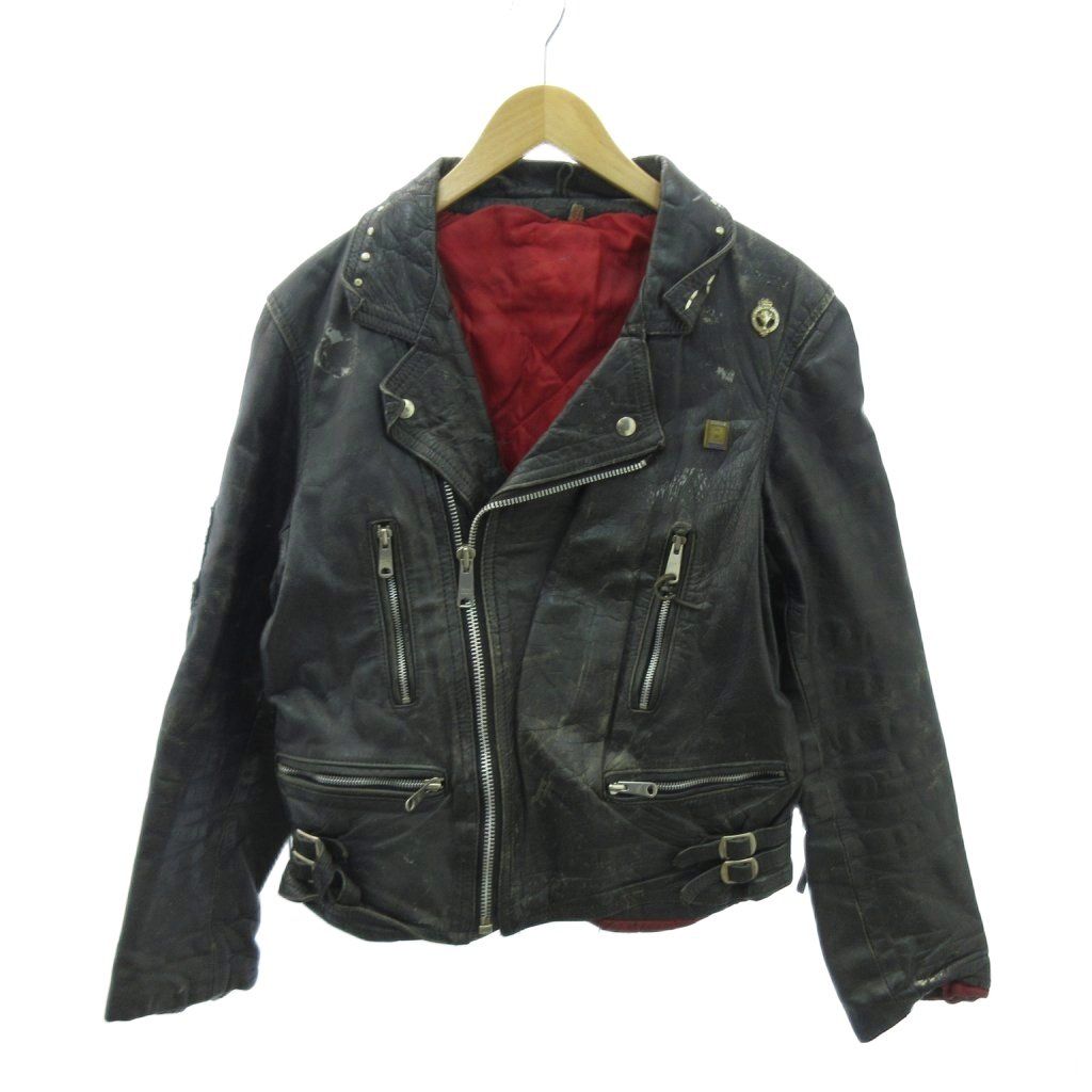 ヴィンテージ VINTAGE 70-80 s ダブルライダース レザージャケット ワッペン ハンドペイント ピンバッジ 40 黒 ブラック 1212