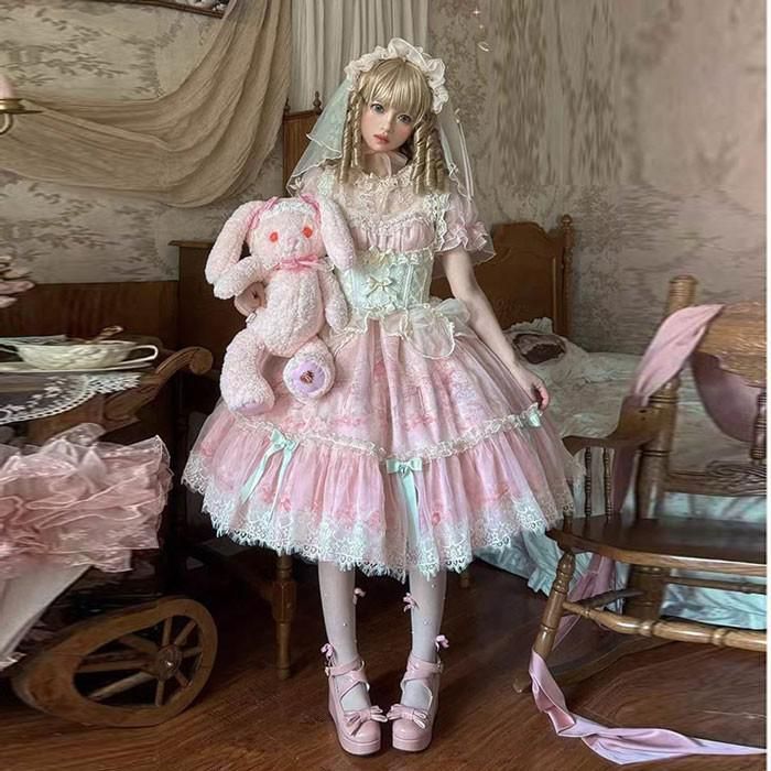 ロリータ ワンピース ドレス レディース パーティードレス 姫系 ピンク レース リボン フリル ゴシック ロリータファッション 仮装 コスチューム コスプレ 衣装 コーディネート パーティ イベント ステージ
