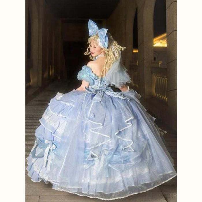 ロリータ ドレス ワンピース レディース パーティードレス 豪華 レース フリル リボン シンデレラ風 プリンセス ブルー 舞台 演奏会 発表会ドレス 高校生 演奏会ドレス 大きいサイズ ロング 小さいサイズ お呼ばれ