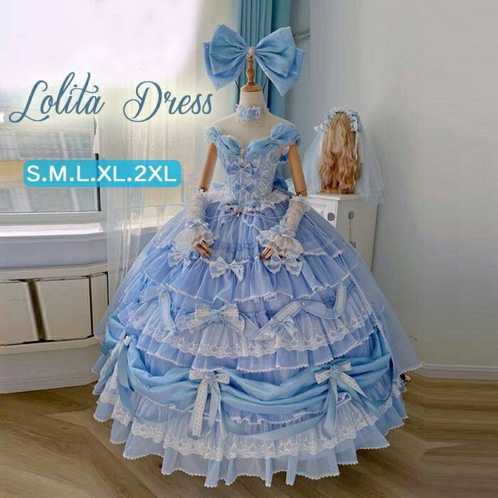 ロリータ ドレス ワンピース レディース パーティードレス 豪華 レース フリル リボン シンデレラ風 プリンセス ブルー 舞台 演奏会 発表会ドレス 高校生 演奏会ドレス 大きいサイズ ロング 小さいサイズ お呼ばれ