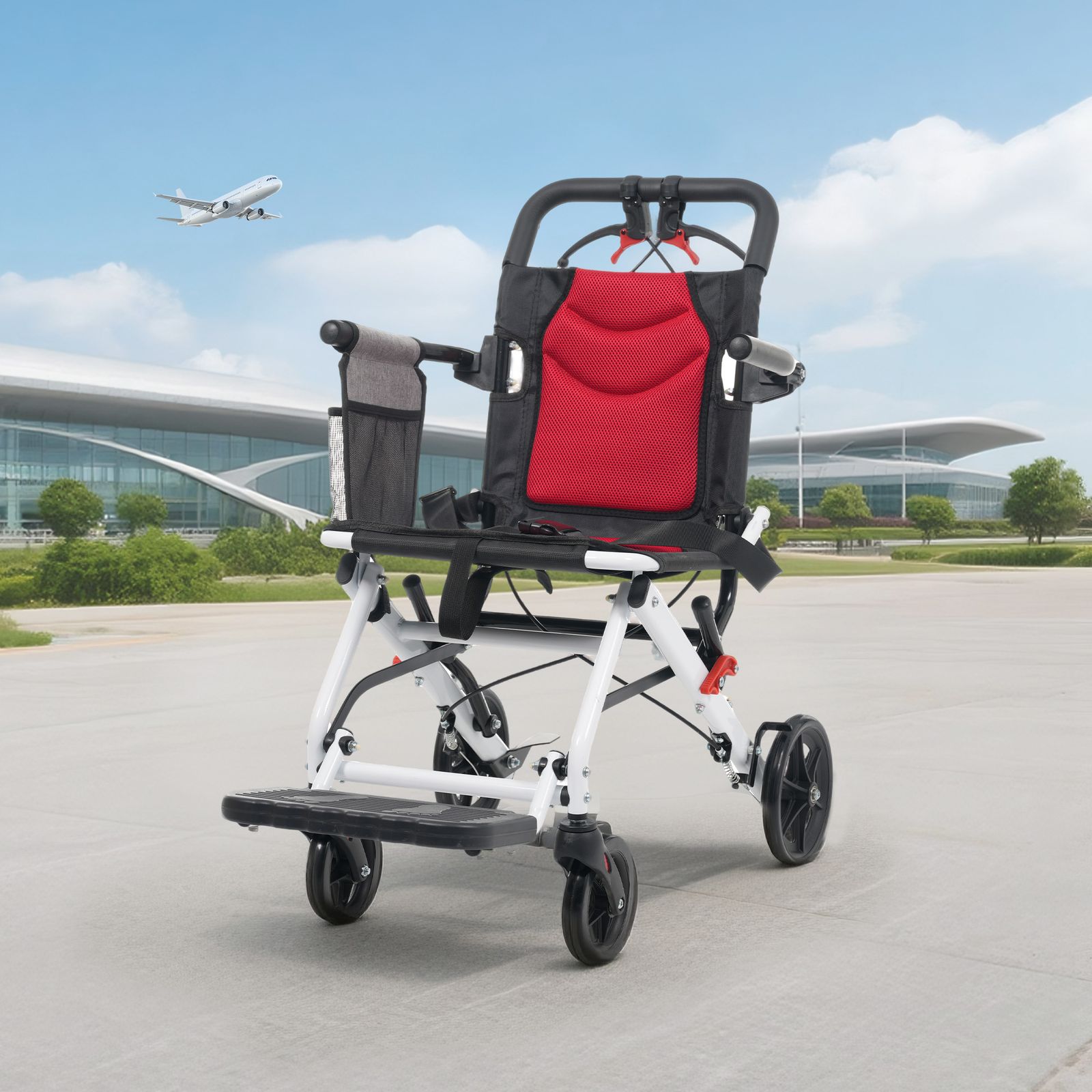 車椅子 超軽量 機内持ち込み 自立 介助ブレーキ付き コンパクト 折りたたみ 座面付き 四輪 介助用 キャスター付き 自立式 軽量車椅子 おしゃれ 福祉用具 耐荷重100 kg レッド