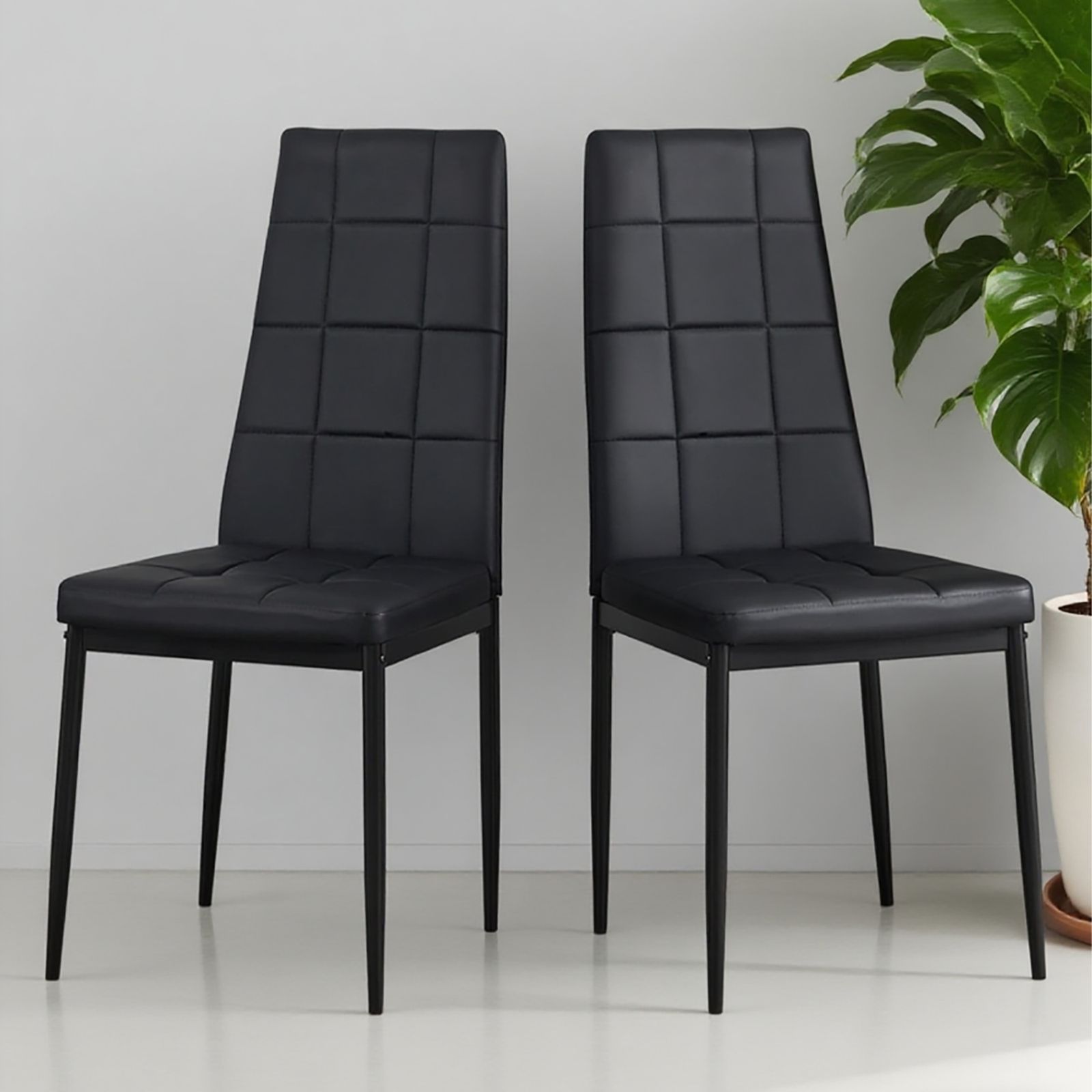 PUレザーダイニングチェア ハイバック ボックスステッチデザイン シンプルモダン 家庭用 ブラック2脚セット