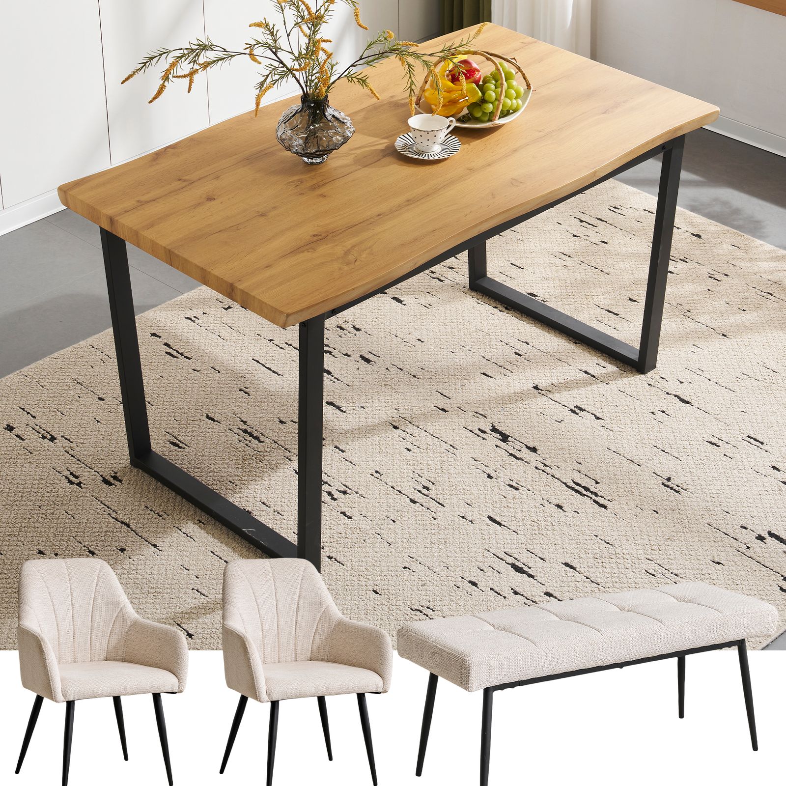 set品 ダイニングテーブル 食卓 4人用 2人用 幅140 cm おしゃれ 組み立て非常に簡単 ソリッド ヴィンテージ風 モダン 客用 書斎用 シンプル 波の形 椅子2Ｐ ベンチ