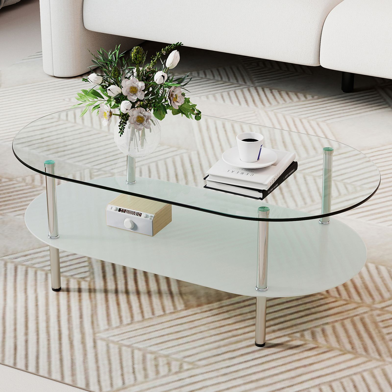 二段オーバルコーヒーテーブル 強化ガラス天板 型くずれガラス収納棚 ミニマリストデザイン リビング クリア