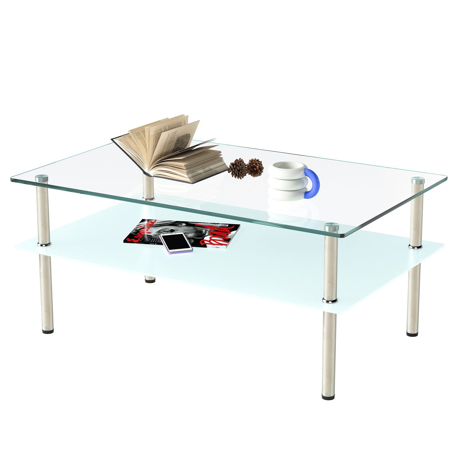 二段ロングコーヒーテーブル 強化ガラス天板+型くずれガラス収納棚