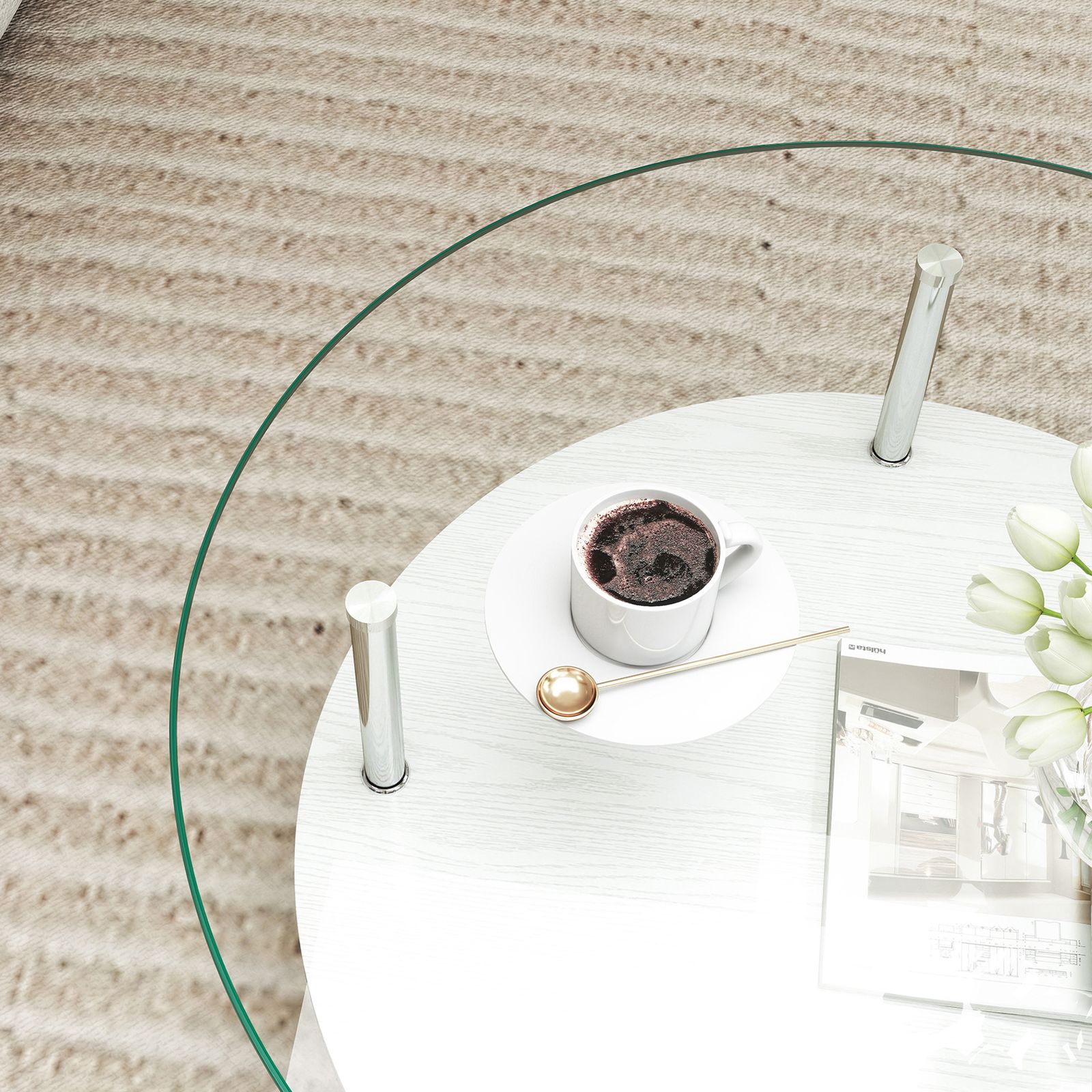 コレクション 二段ラウンドコーヒーテーブル 強化ガラス天板+MDF収納棚