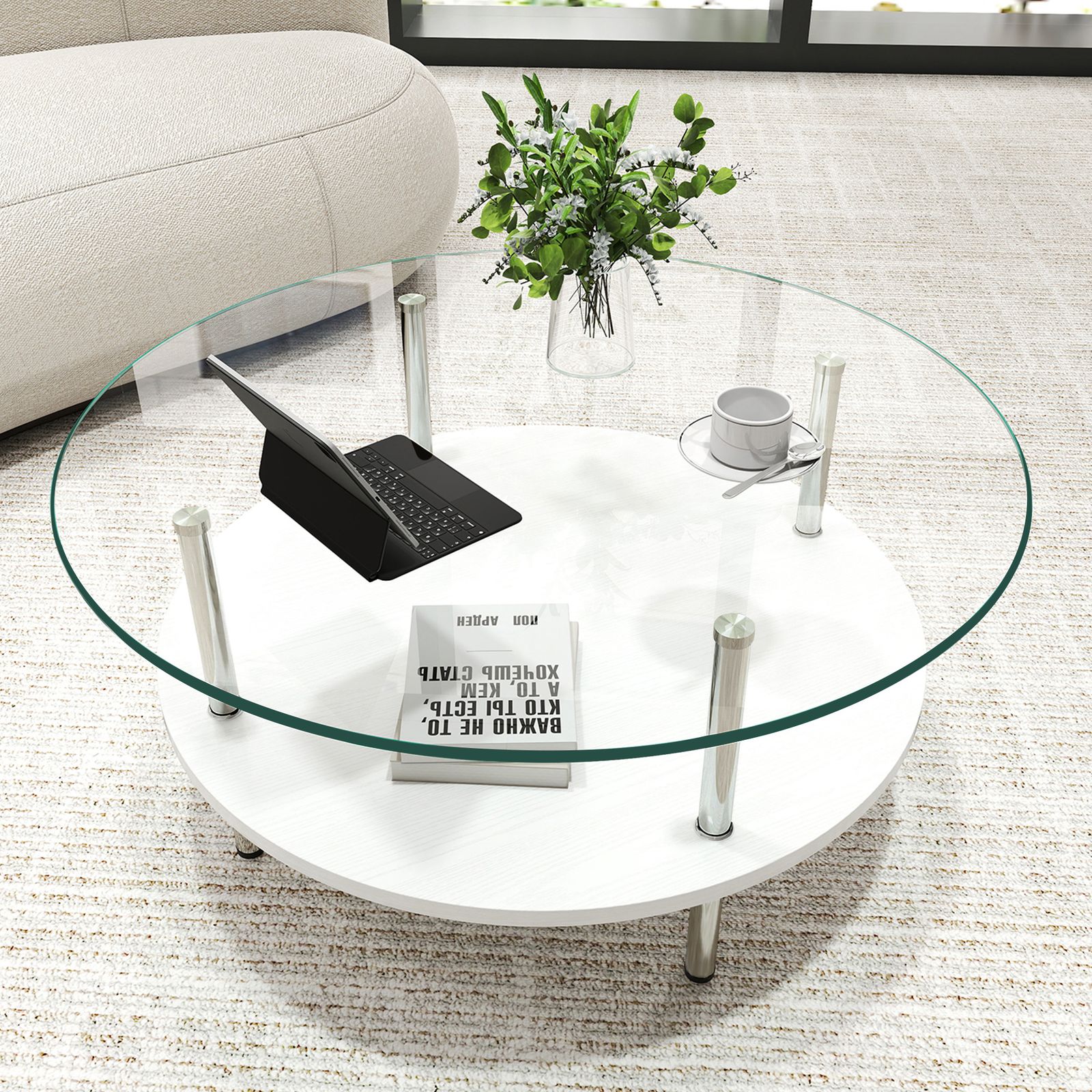 コレクション 二段ラウンドコーヒーテーブル 強化ガラス天板+MDF収納棚