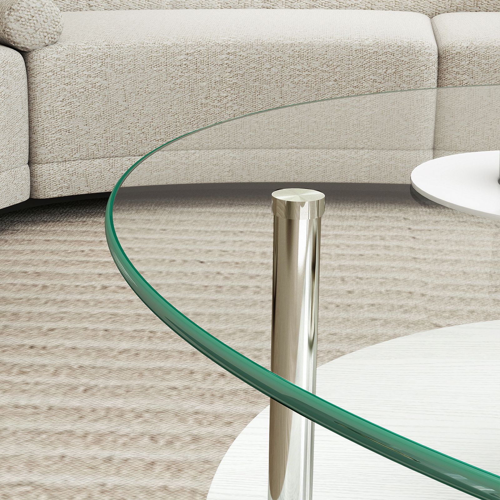 コレクション 二段ラウンドコーヒーテーブル 強化ガラス天板+MDF収納棚