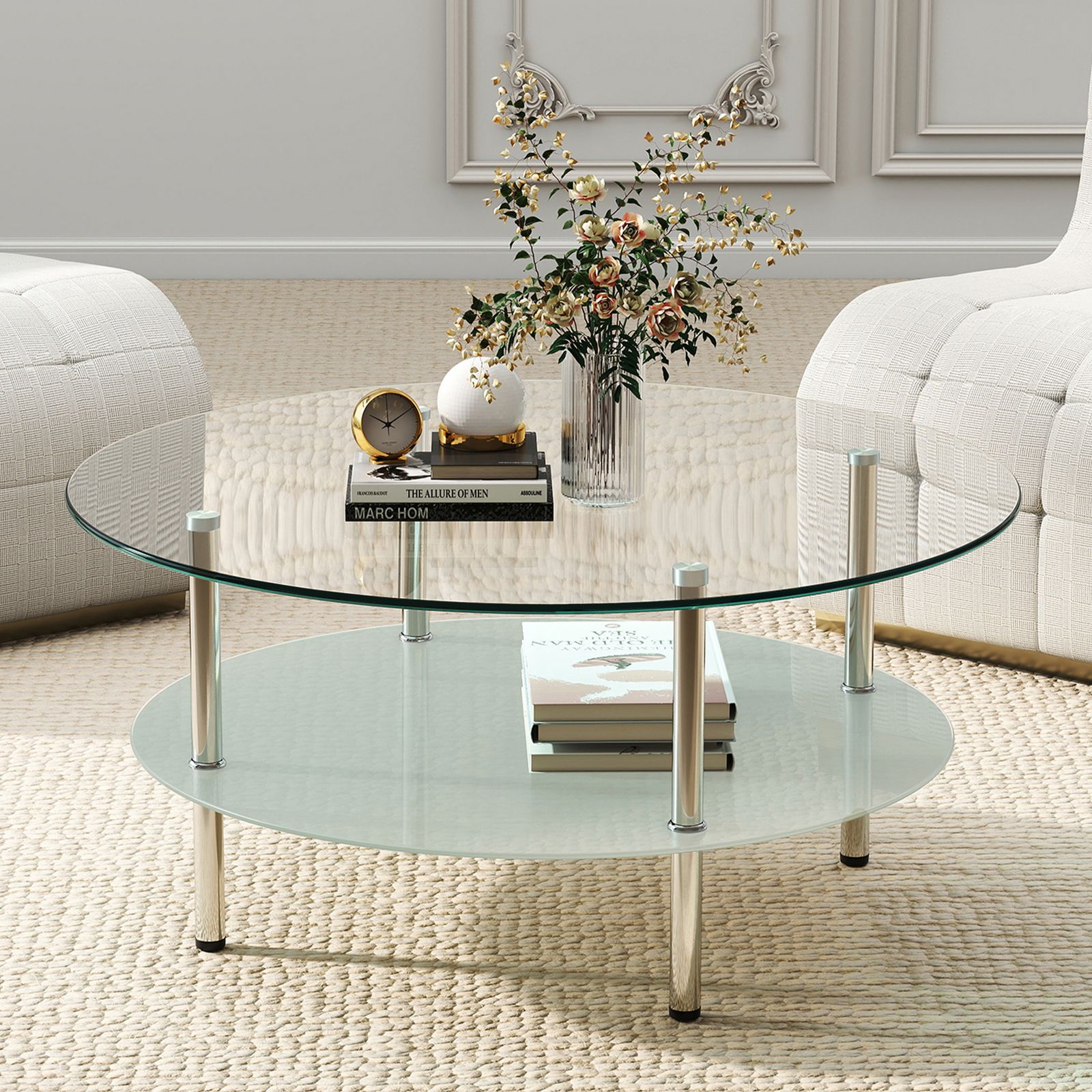 メルカリ最安値☆ ガラステーブル 二段ラウンドコーヒーテーブル 強化ガラス天板+型くずれガラス収納棚