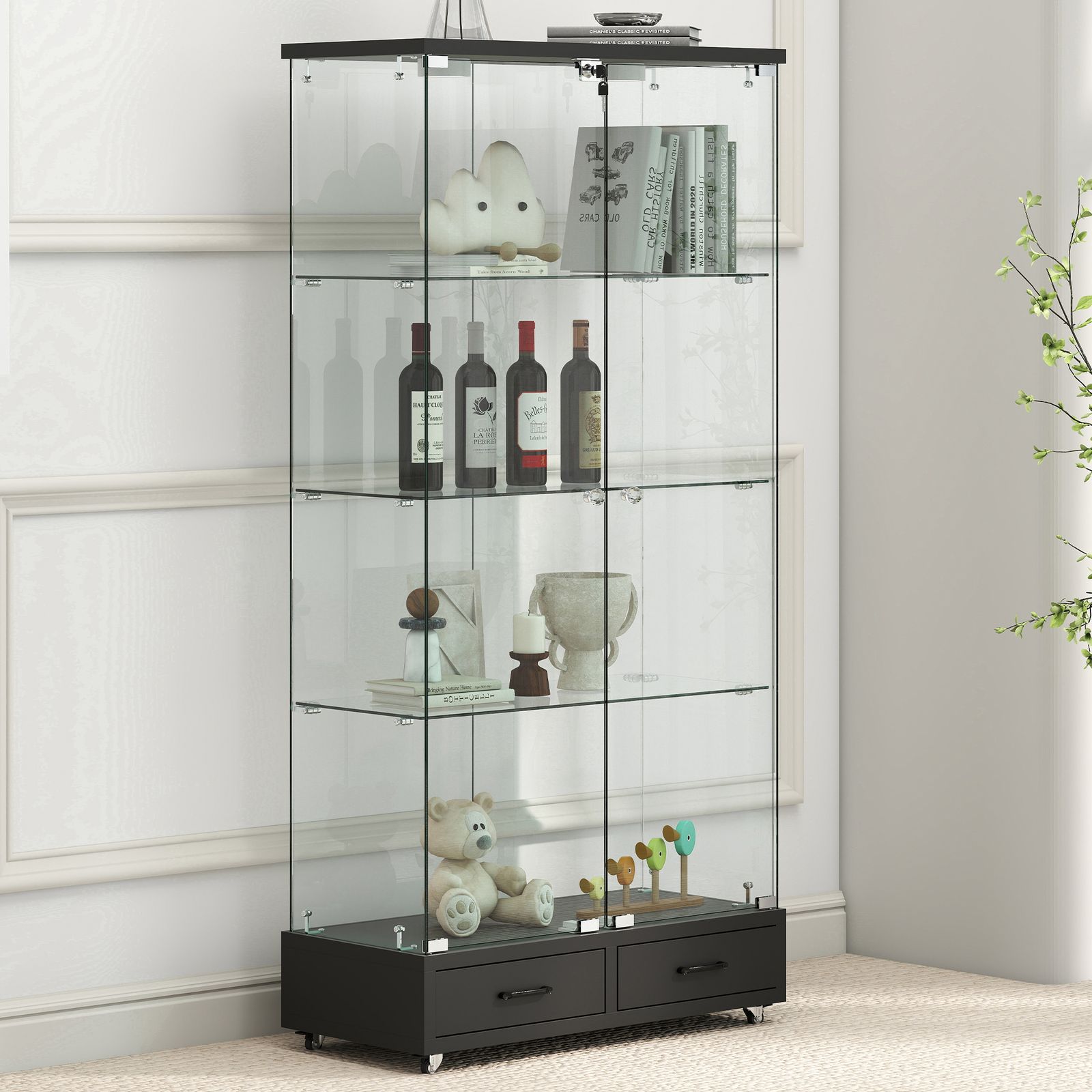 ホワイト LED照明・引出し付 ガラス収納キャビネット4段 両開ドア