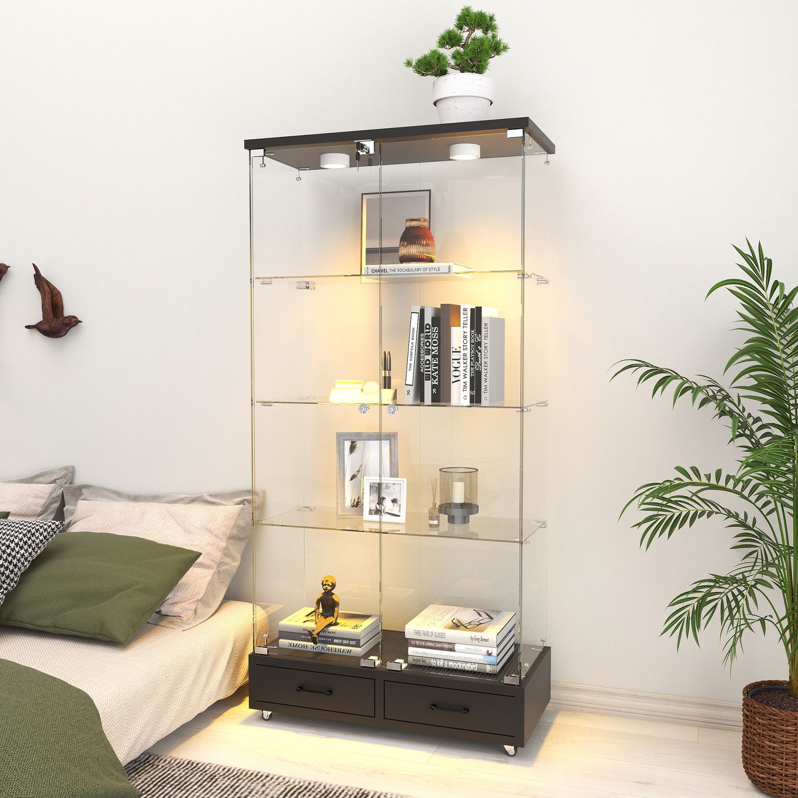 LED照明・引き出し付き ガラス収納キャビネット｜ロック付き強化ガラス