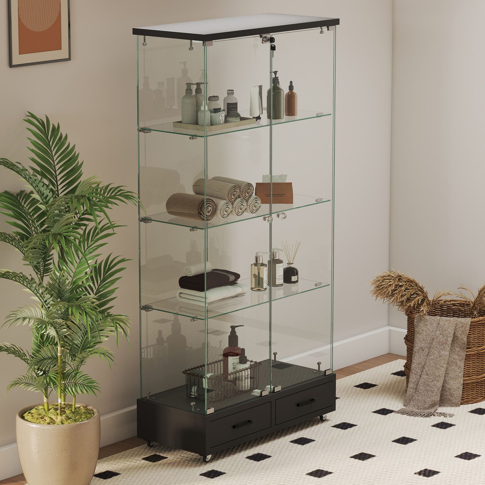 LED照明・引き出し付き ガラス収納キャビネット｜ロック付き強化ガラス